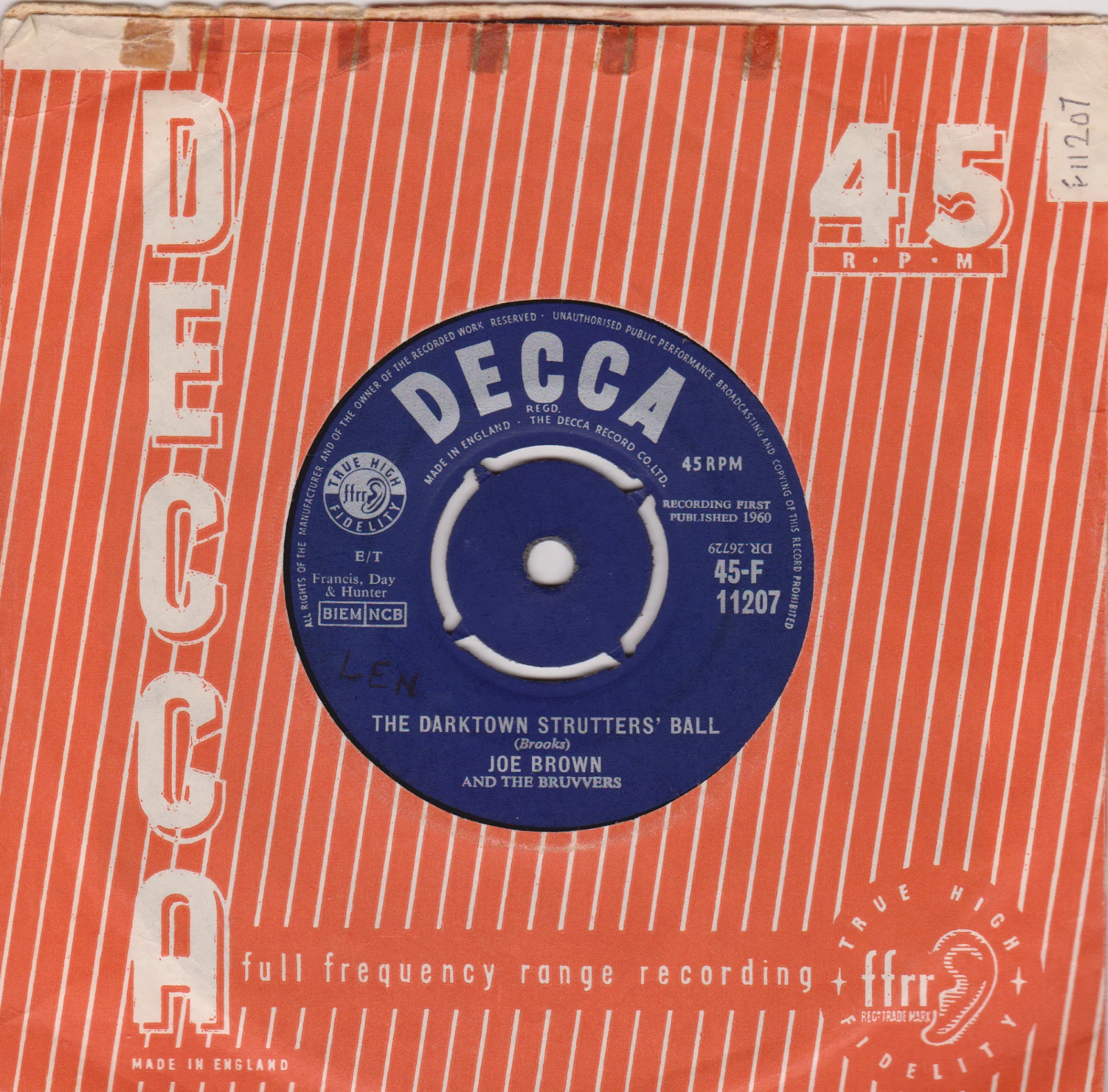 Joe Brown And The Bruvvers ‎– The Darktown Strutters' Ball (Decca 1960) 7" VG