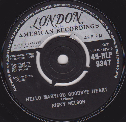 Ricky Nelson – Hello Marylou Goodbye Heart (London 1961) 7" vinyl single VG/-