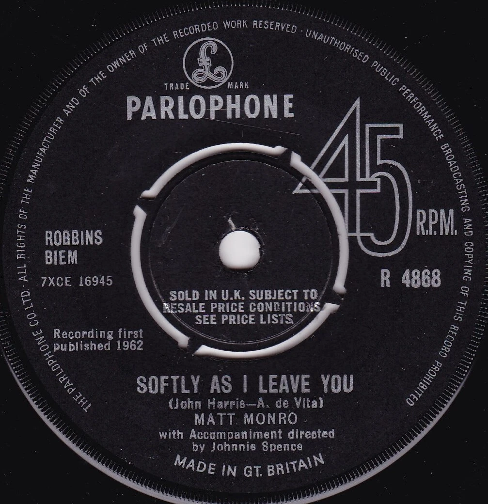 Matt Monro - Softly As I Leave You (Parlophone, 1962) 7" vinyl single VG/-