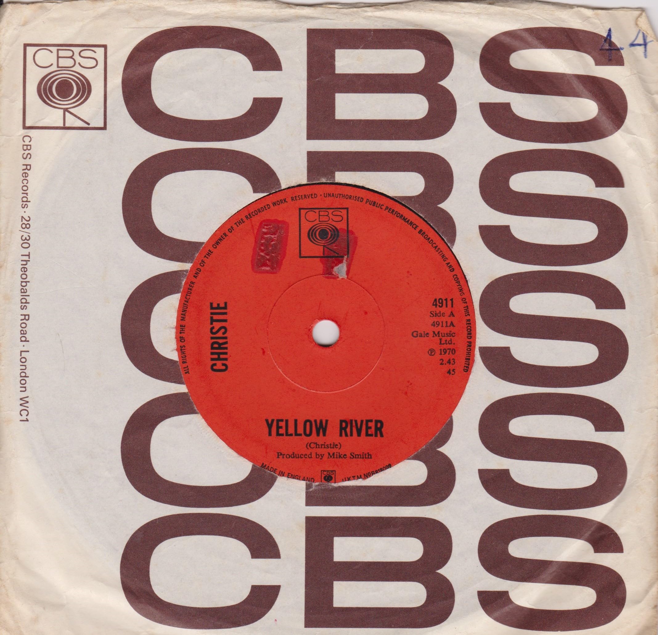 Christie - Yellow River (CBS 1970) 7" vinyl single VG/VG