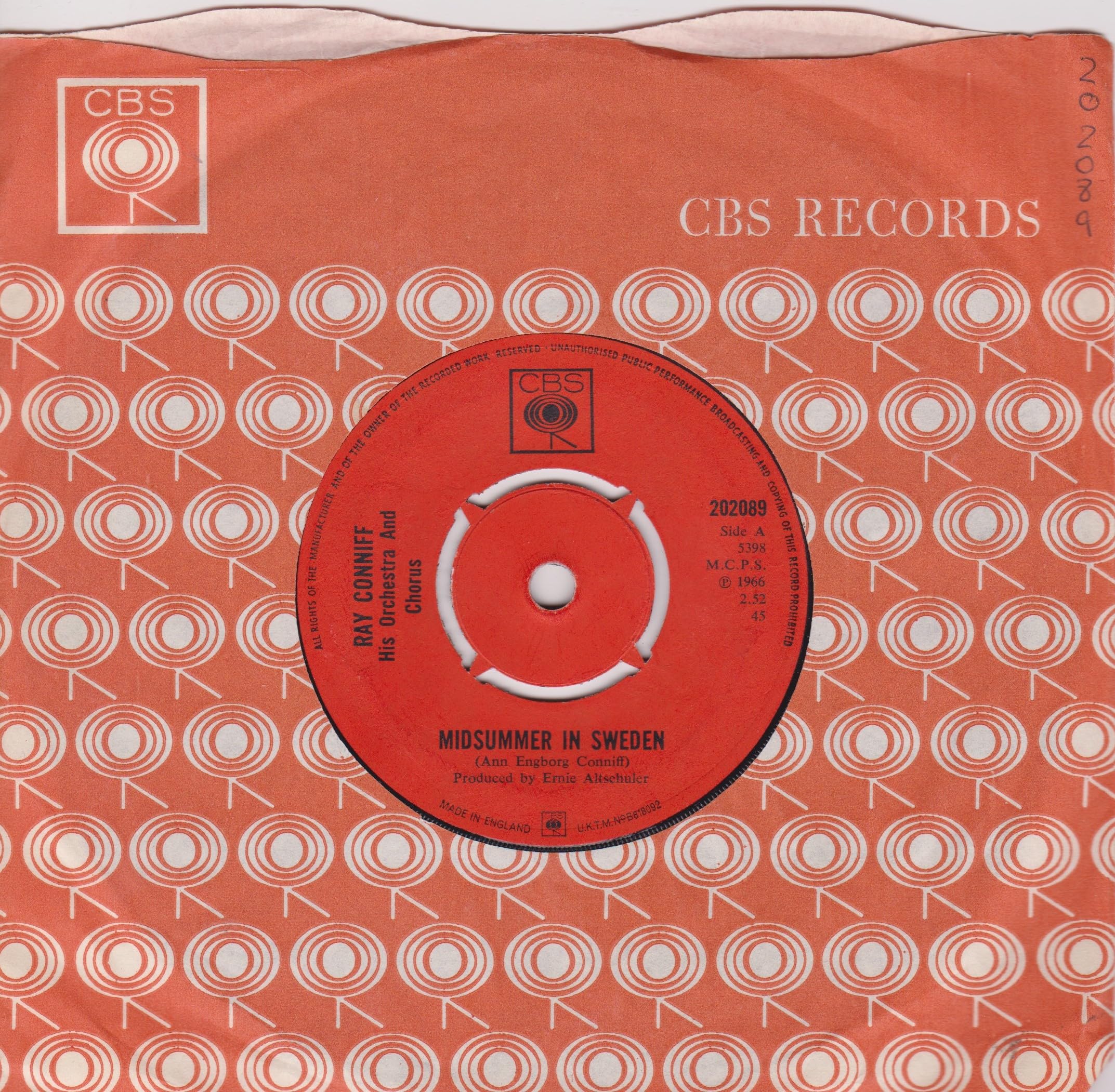 Ray Conniff And His Orchestra & Chorus – Midsummer In Sweden (CBS 1966) 7" vinyl single VG/VG