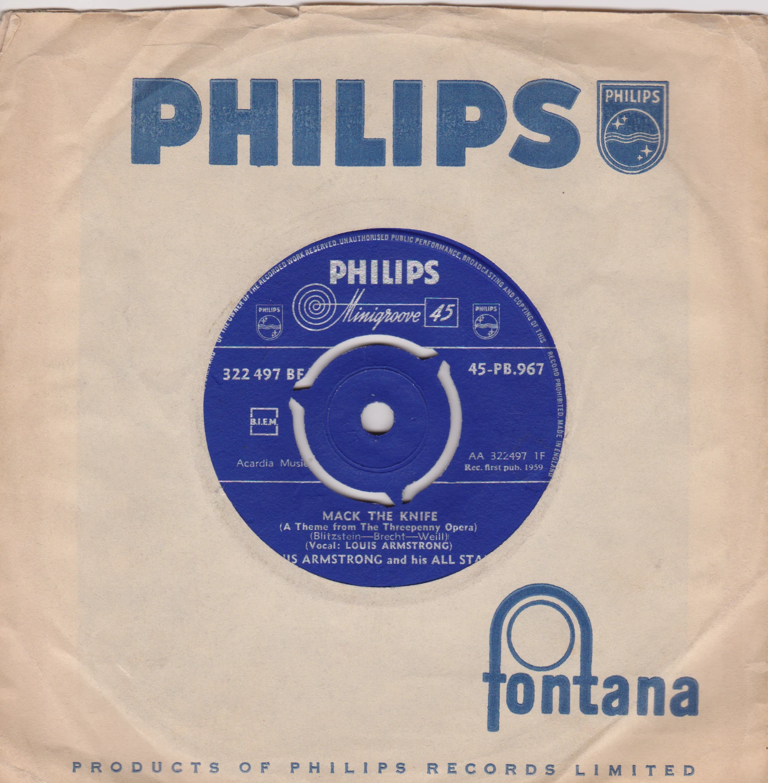 Louis Armstrong And His All Stars – Mack The Knife (Philips 1959) 7" vinyl VG