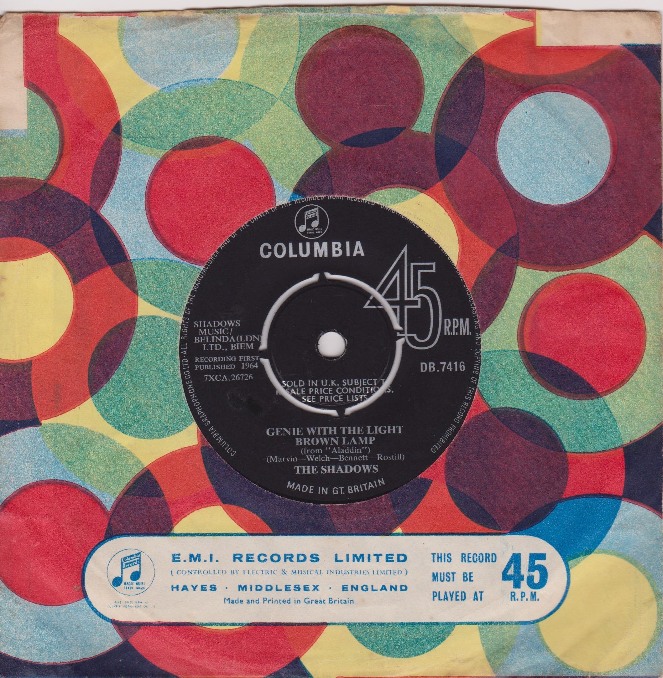 The Shadows – Genie With The Light Brown Lamp (Columbia 1964) 7" vinyl single VG/-