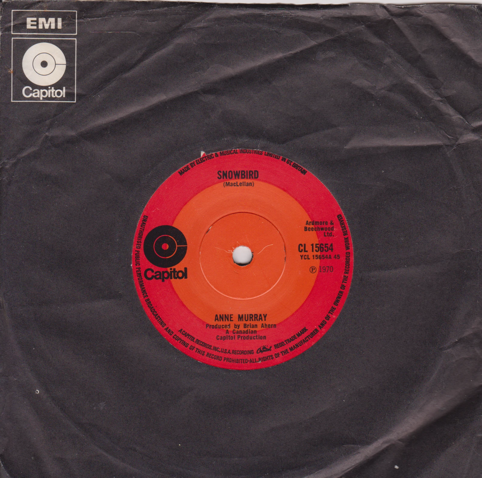 Anne Murray ‎– Snowbird (Capitol 1970) 7" vinyl single VG/VG