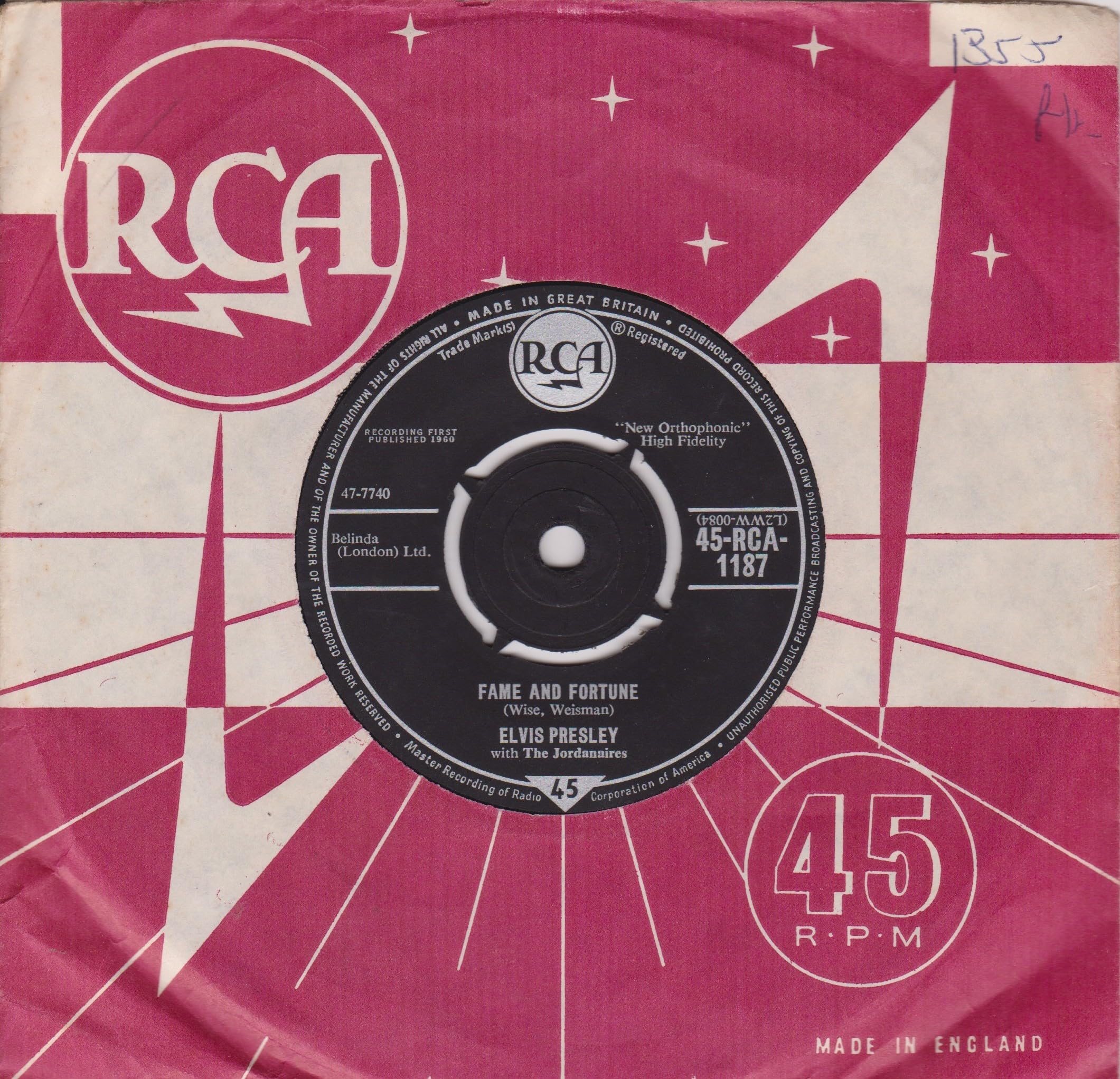 Elvis Presley With The Jordanaires ‎– Stuck On You (RCA 1960) 7" vinyl single VG/VG
