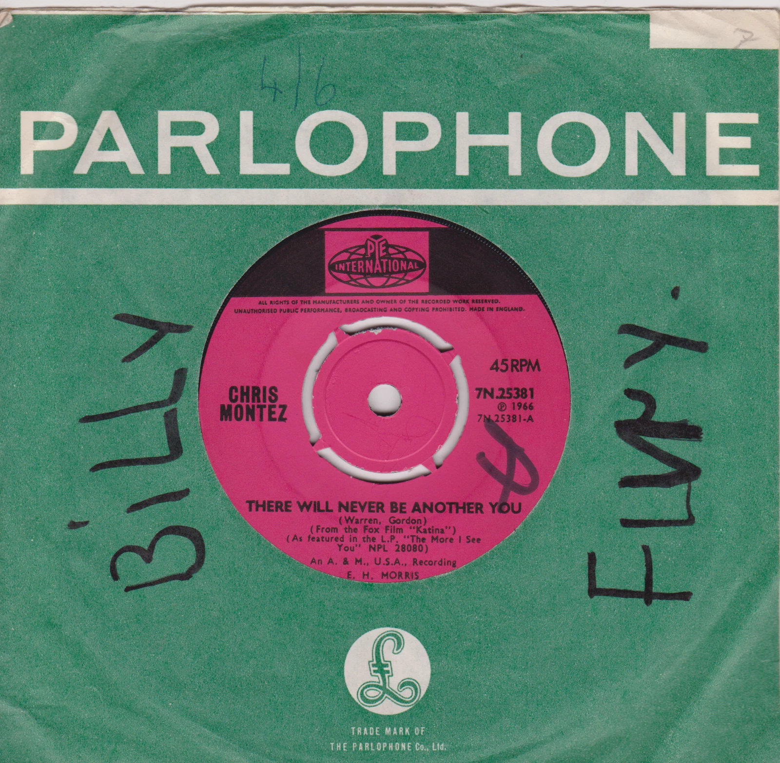 Chris Montez – There Will Never Be Another You (Pye 1966) 7" vinyl single VG/-