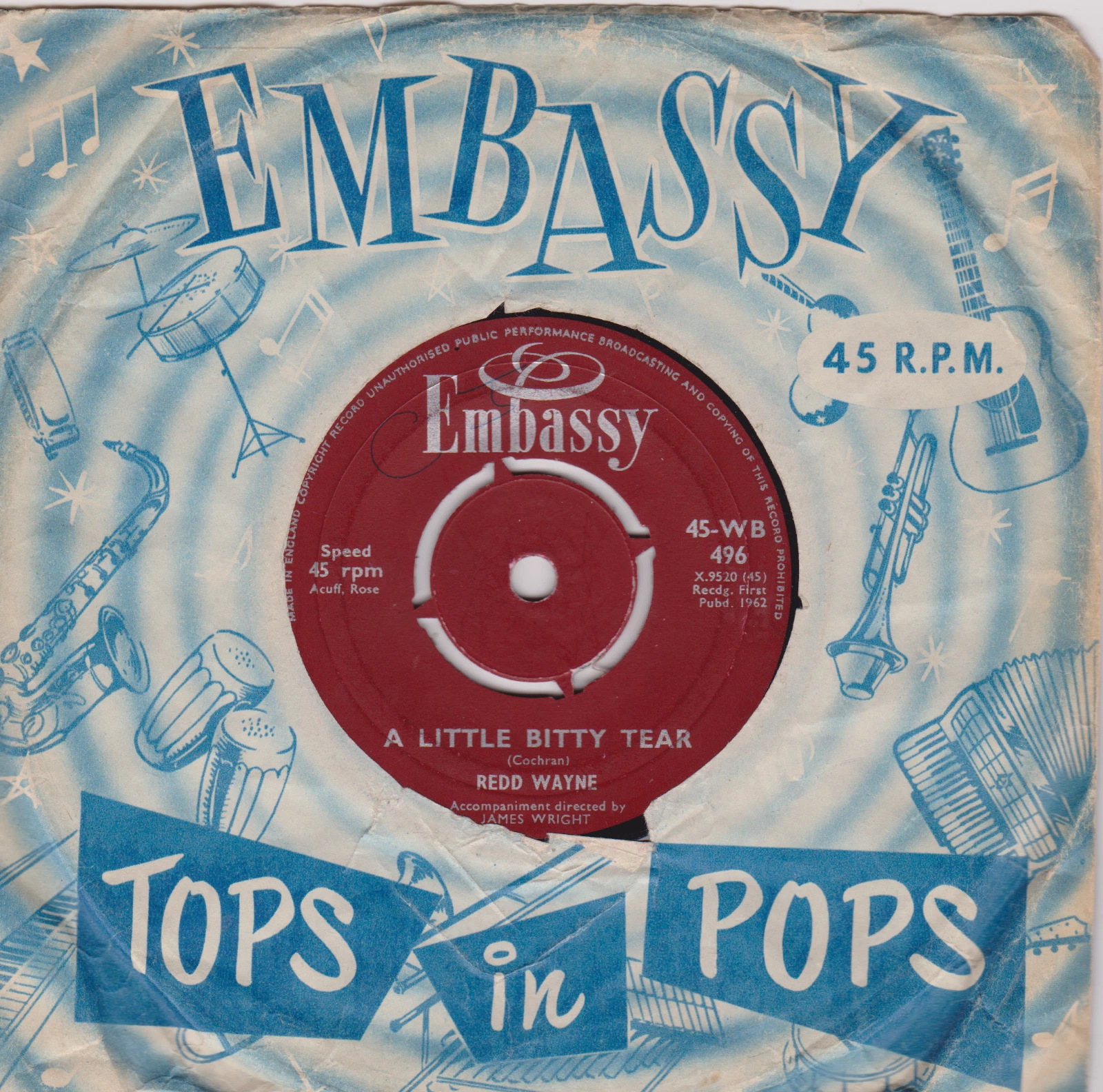 Redd Wayne – A Little Bitty Tear (Embassy 1962) 7" vinyl single VG/G+
