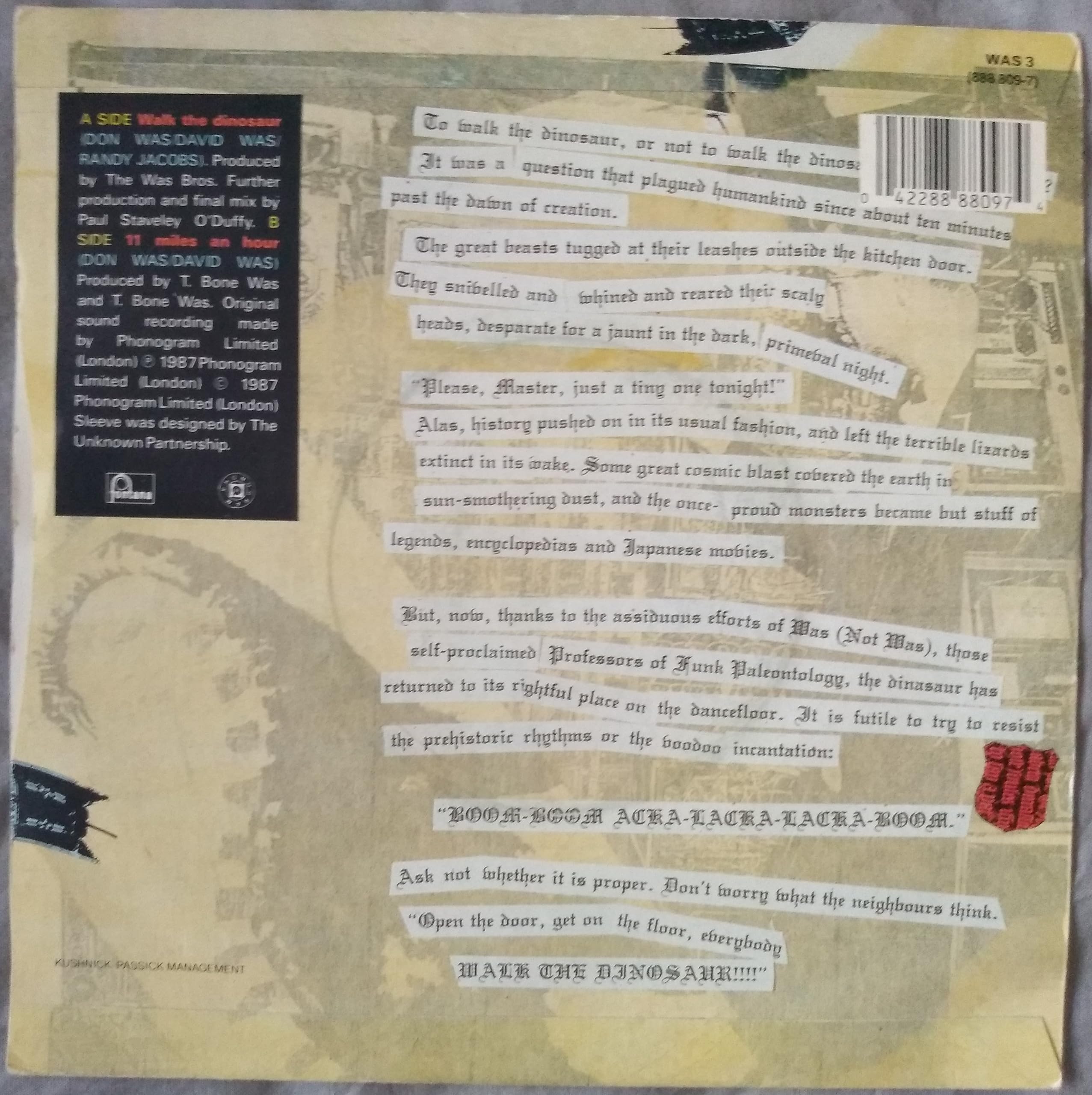 Was (Not Was) – Walk the Dinosaur (Fontana 1987) 7" vinyl single VG/VG jukebox centre