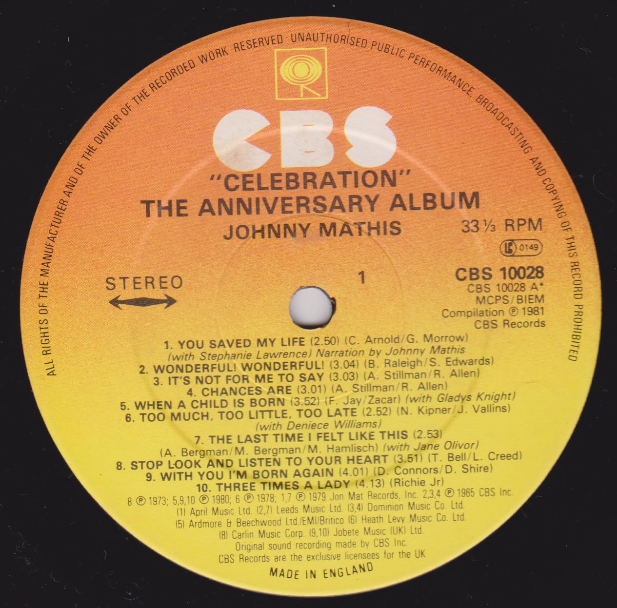 Johnny Mathis- Celebration (CBS 1981) 12" vinyl LP VG/VG