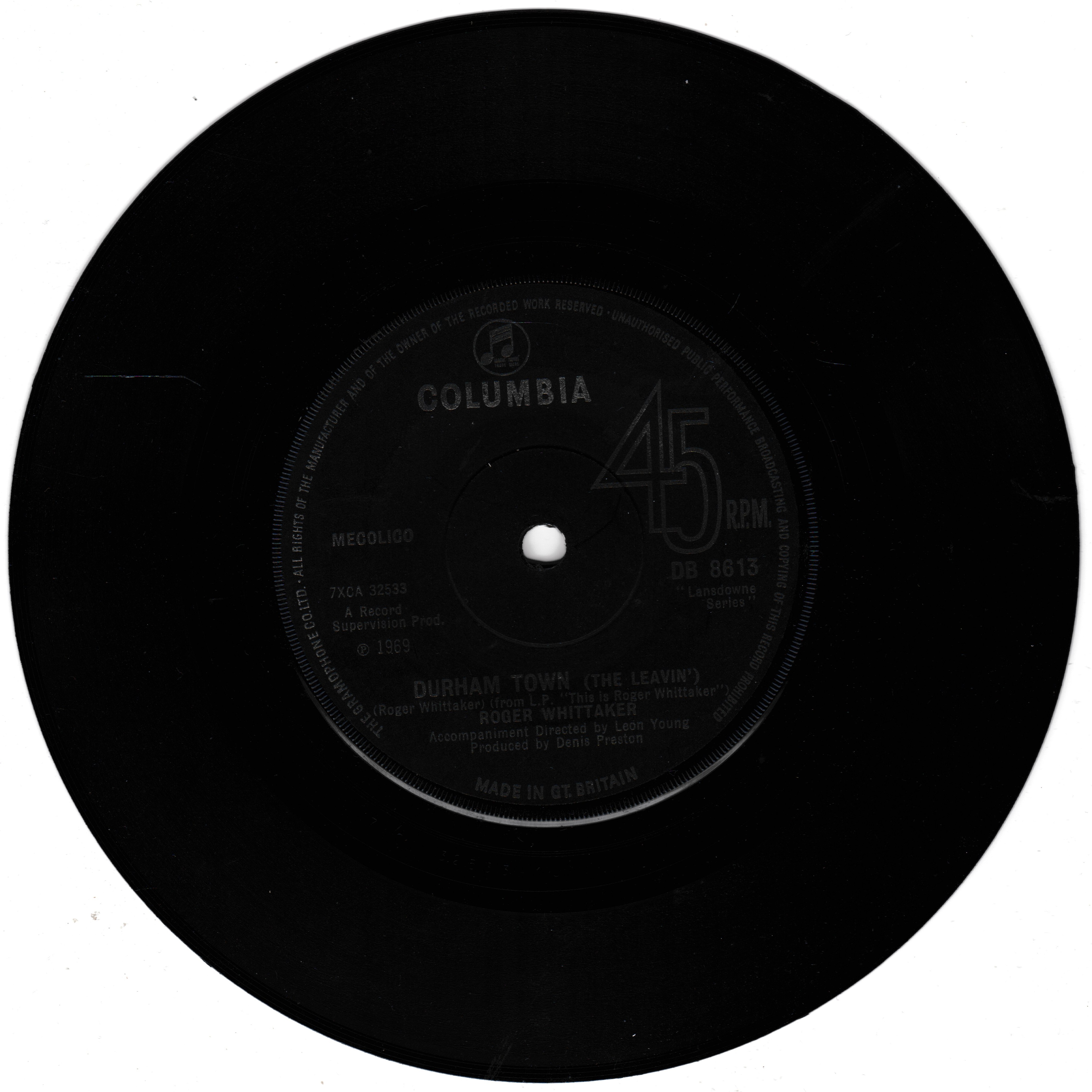 Roger Whittaker – Durham Town (The Leavin') (Columbia 1969) 7" vinyl single VG/VG