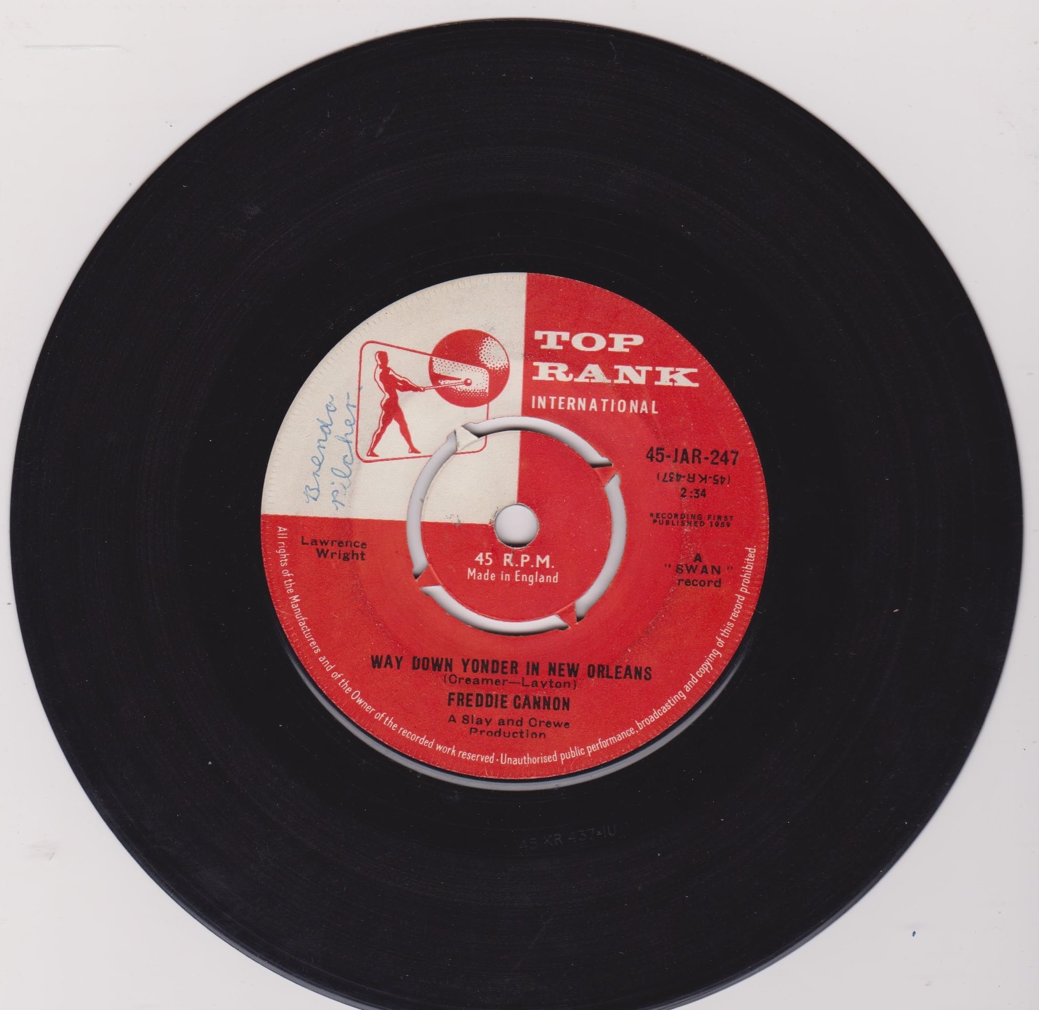 Freddie Cannon - Way Down Yonder In New Orleans (Top Rank 1959) 7" vinyl single VG/-