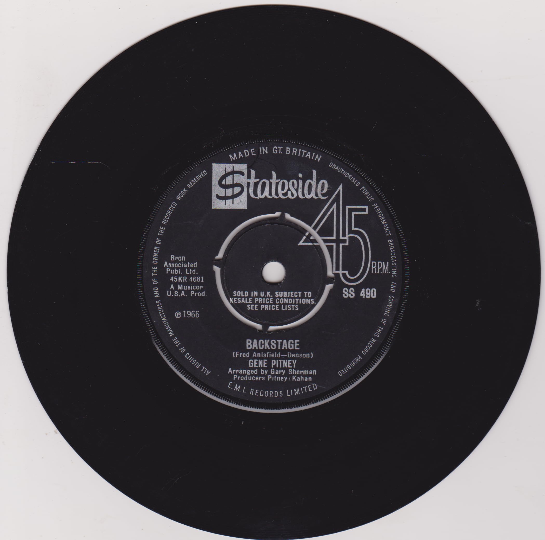 Gene Pitney ‎– Backstage (Stateside 1966) 7" vinyl single VG/-