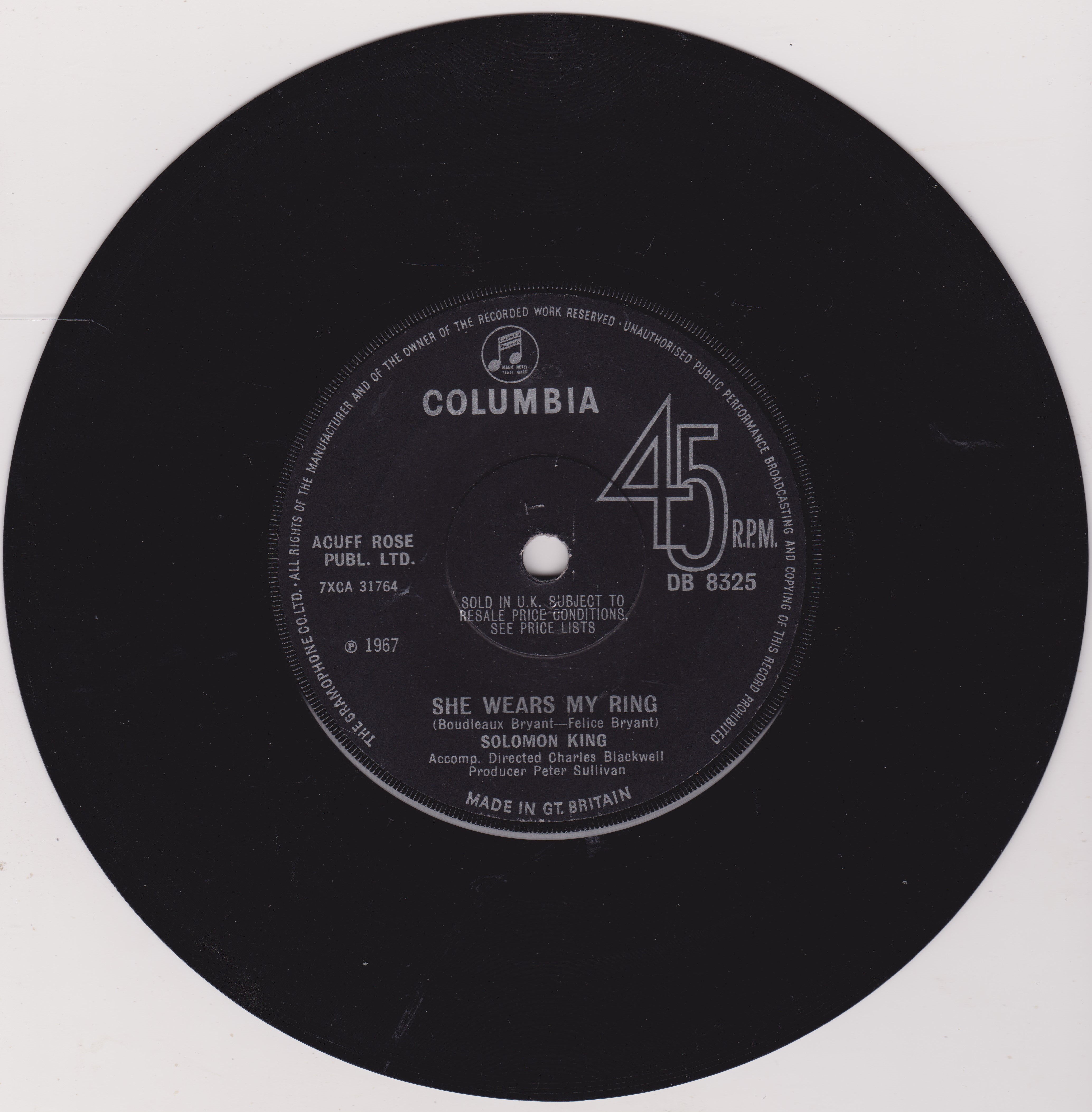 Solomon King ‎– She Wears My Ring (Columbia 1967) 7" vinyl single VG/-