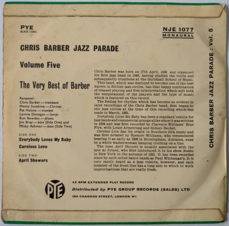 Chris Barber - Chris Barber Jazz Parade Volume Five (Pye 1959) 7" vinyl EP VG/VG