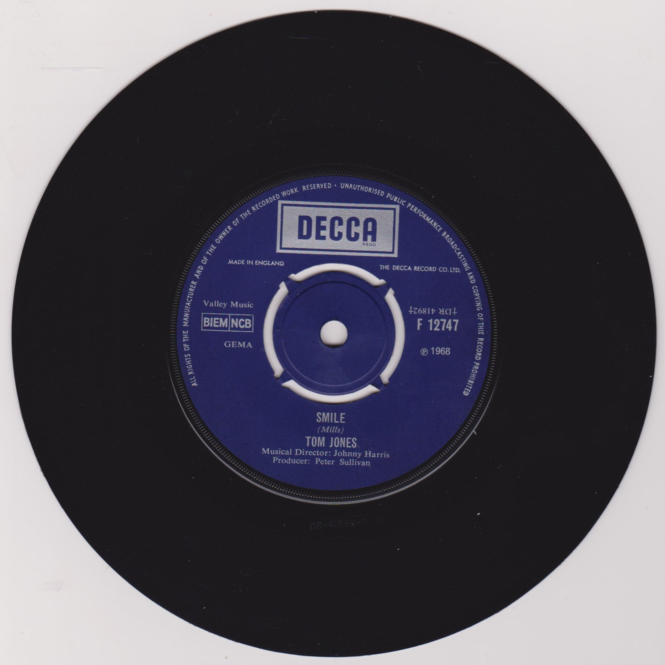 Tom Jones ‎– Delilah (Decca 1968) 7" vinyl single VG/VG