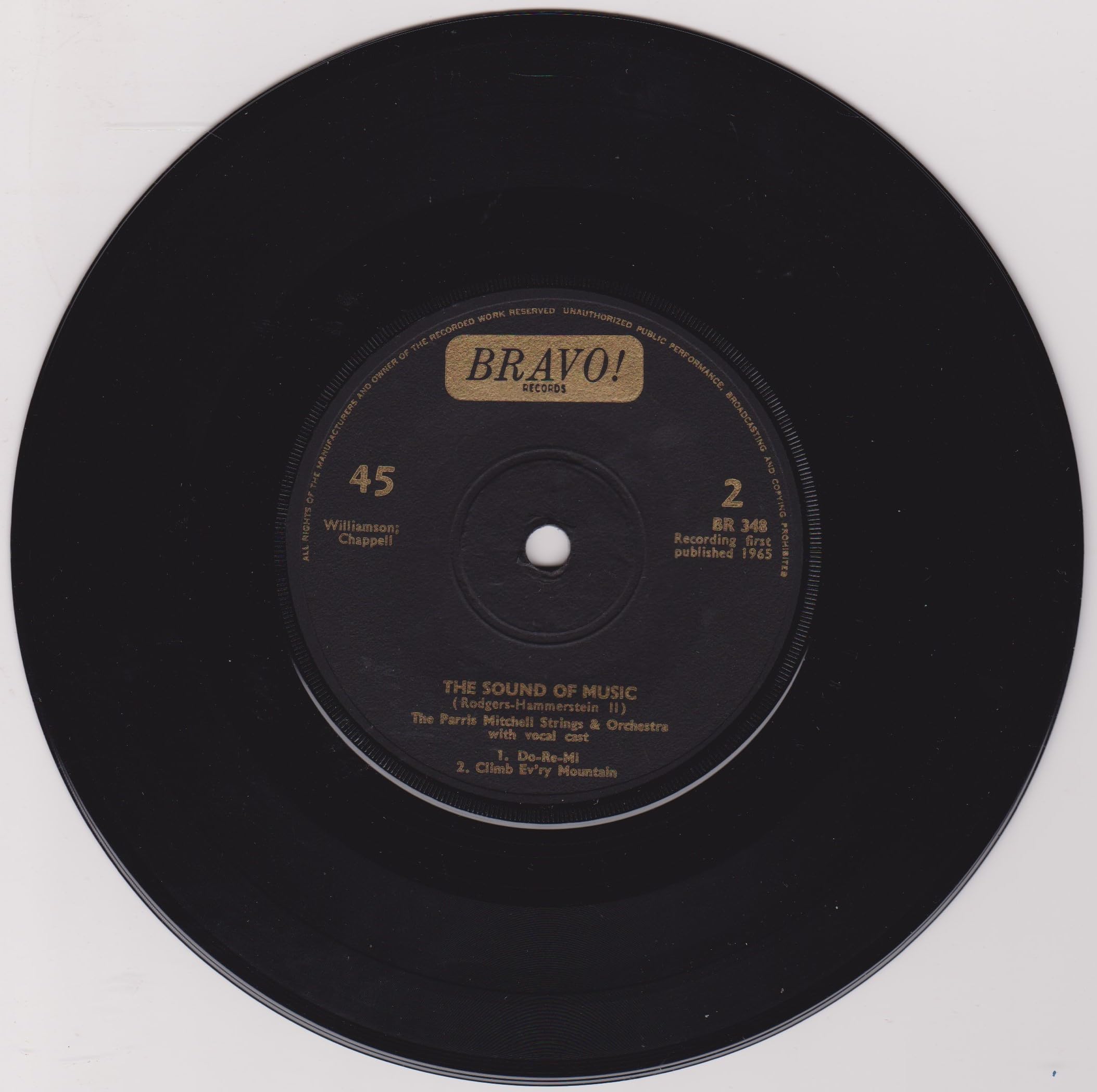 The Parris Mitchell Strings & Orchestra With Vocal Cast ‎– The Sound Of Music (Bravo 1965) 7" vinyl EP VG/VG