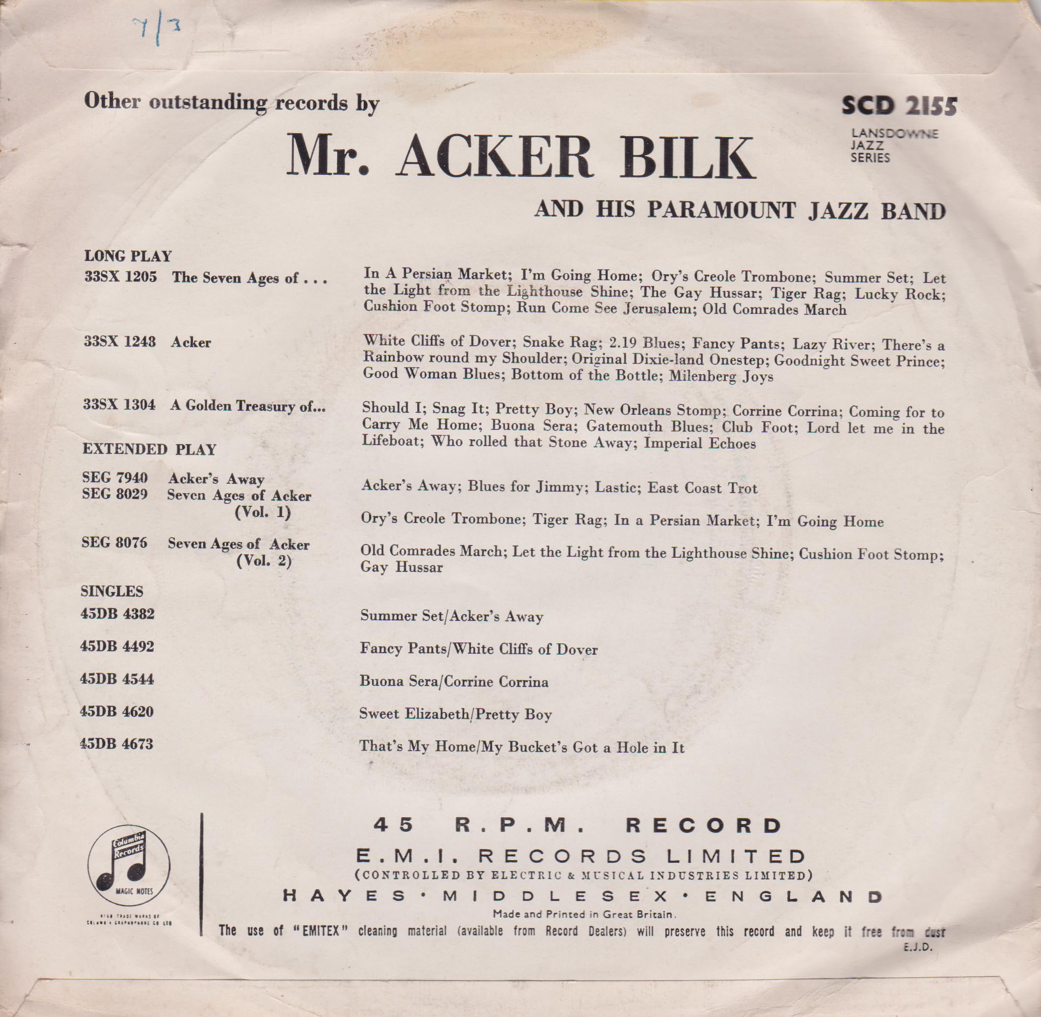 Mr. Acker Bilk and His Paramount Jazz Band - Stars and Stripes Forever (Pye 1962) 7" vinyl single VG/VG