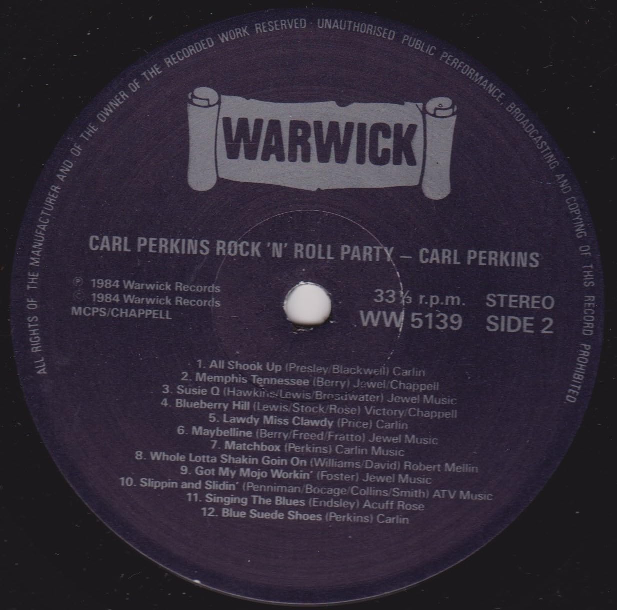 Carl Perkins - Rock 'N Roll Party (Warwick 1984) 12" vinyl LP VG/VG