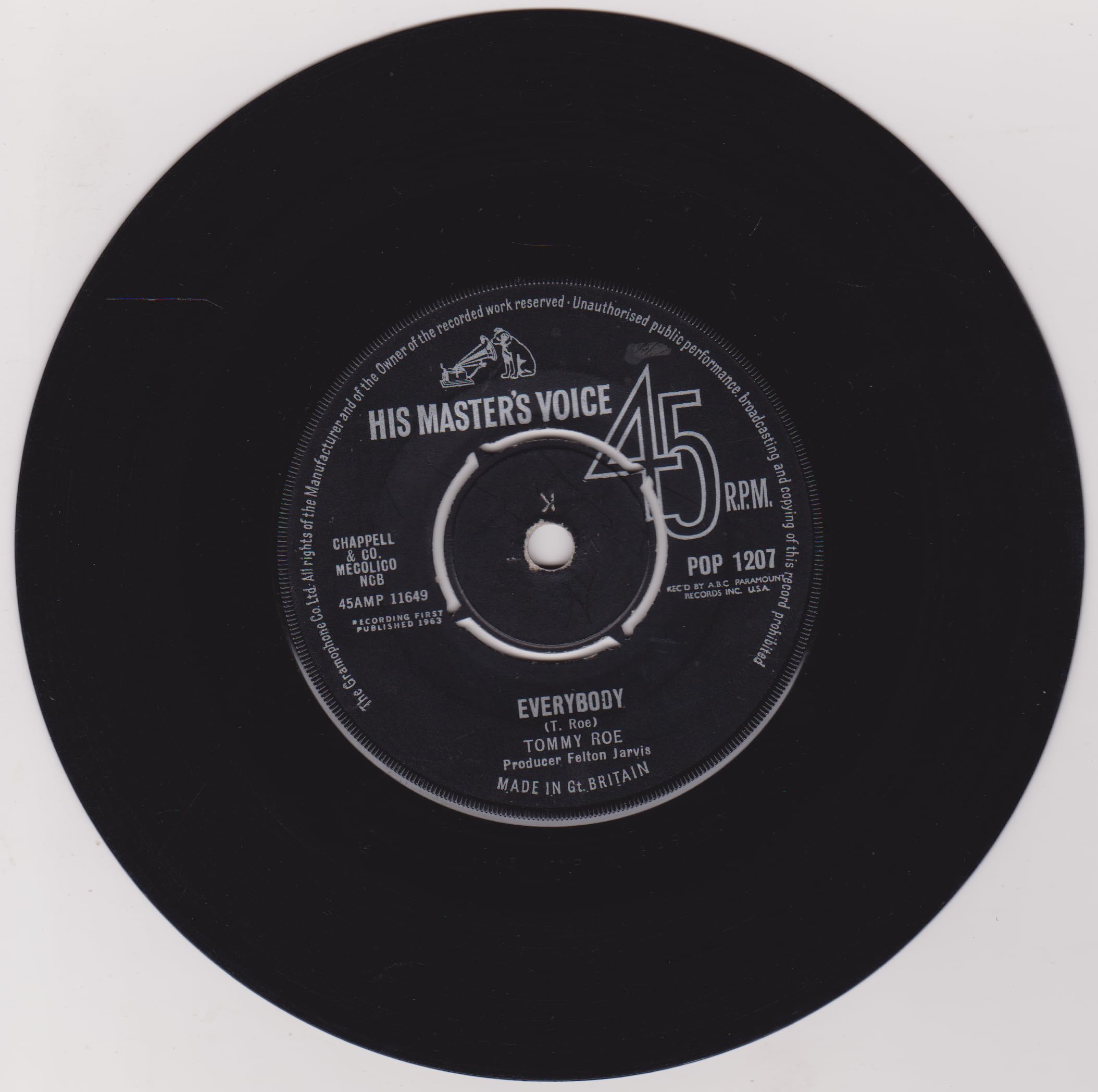 Tommy Roe – Everybody (HMV 1963) 7" vinyl single VG/-