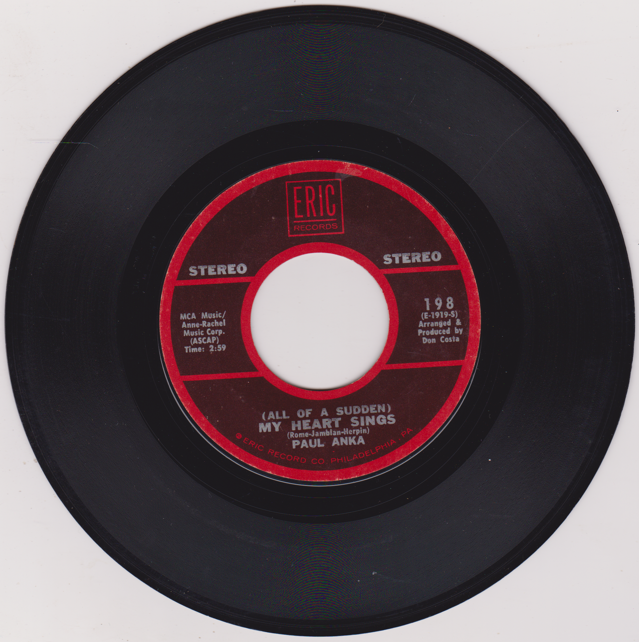 Paul Anka ‎– (All Of A Sudden) My Heart Sings (Eric) 7" vinyl US single VG juke