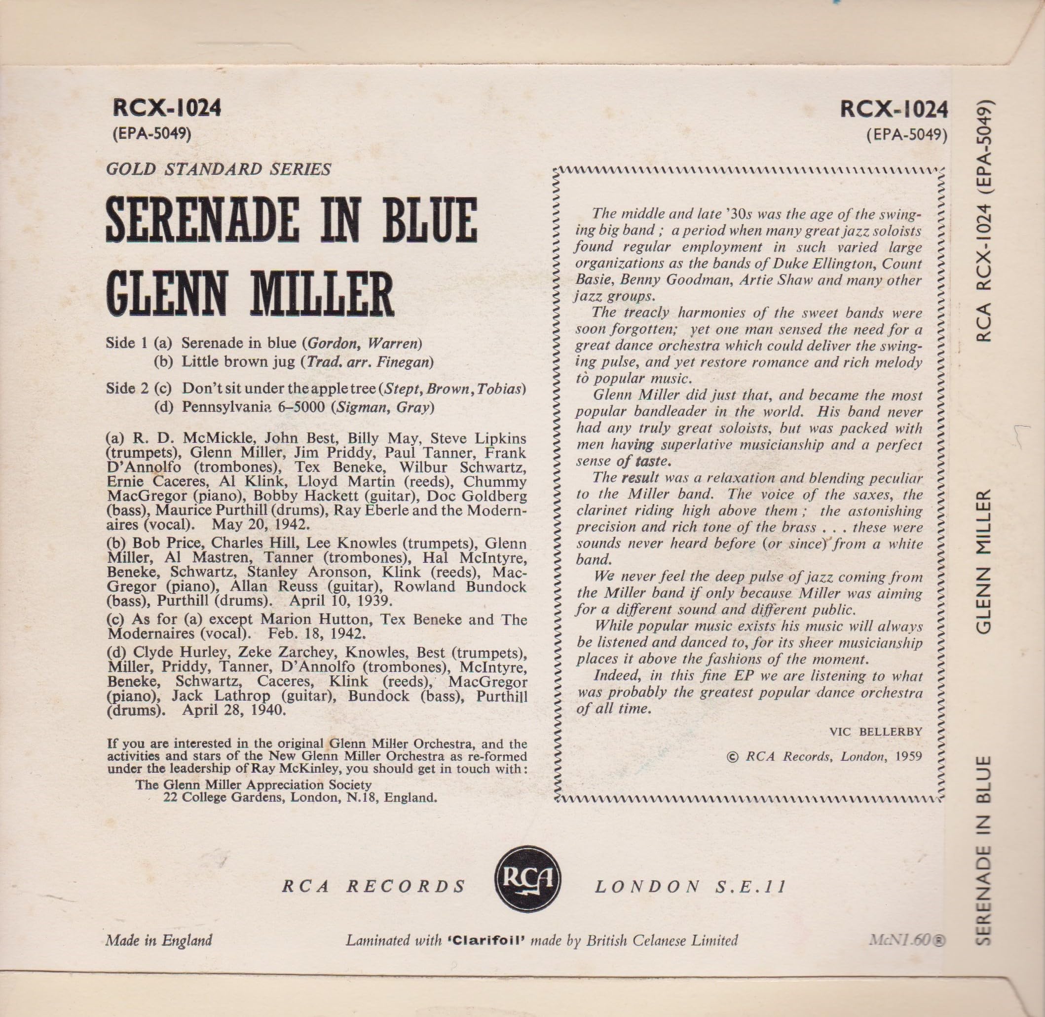 Glenn Miller - Serenade In Blue (RCA 1960) 7" vinyl EP VG/VG