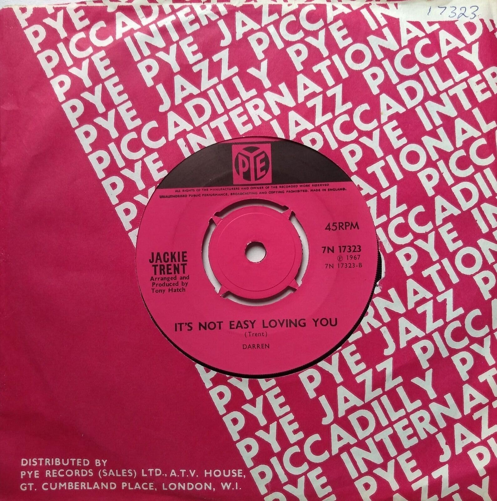 Jackie Trent – It's Not Easy Loving You (Pye 1965) 7" vinyl single VG/-