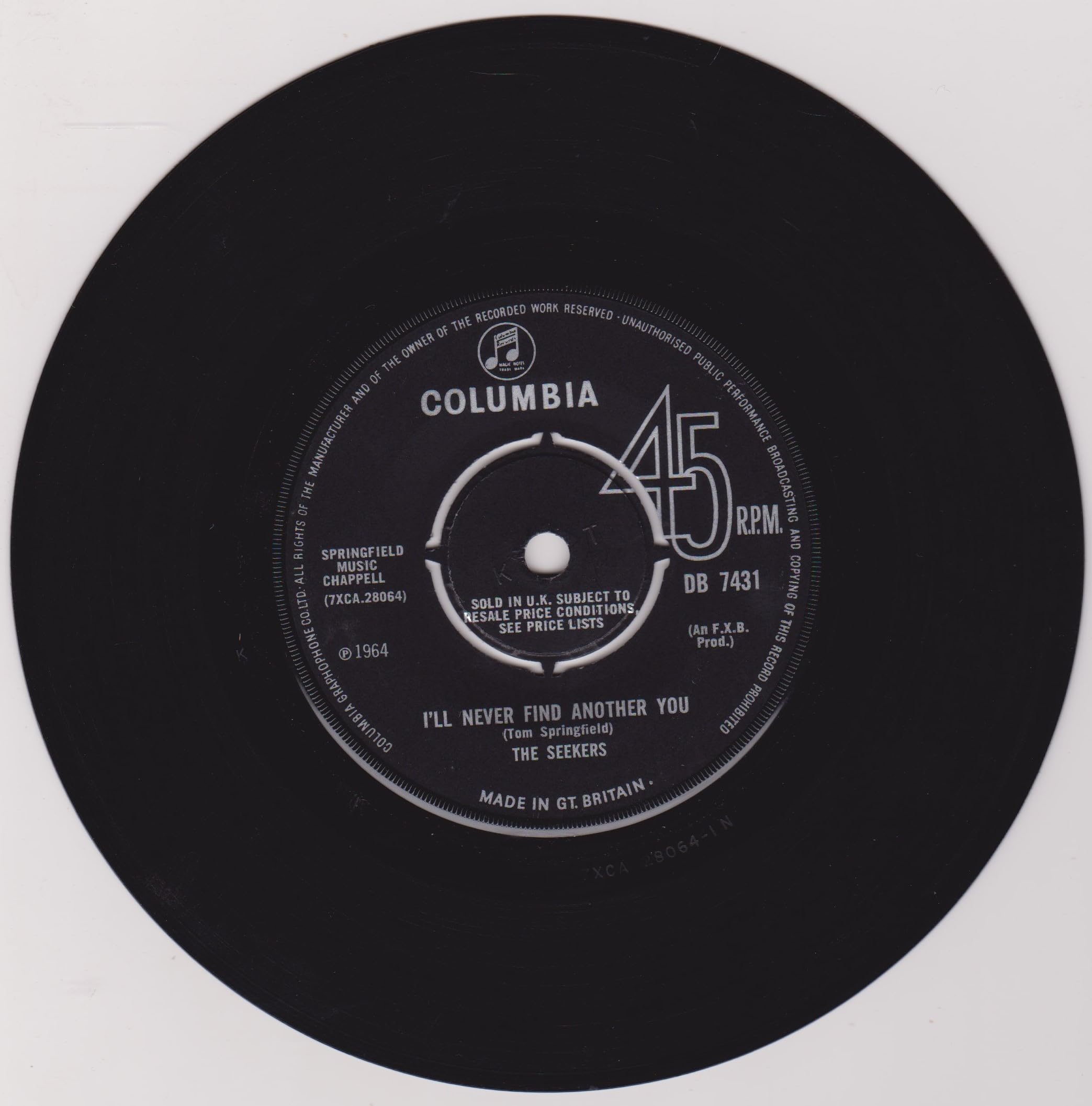 The Seekers - I'll Never Find Another You (Columbia) 7" vinyl single VG/VG