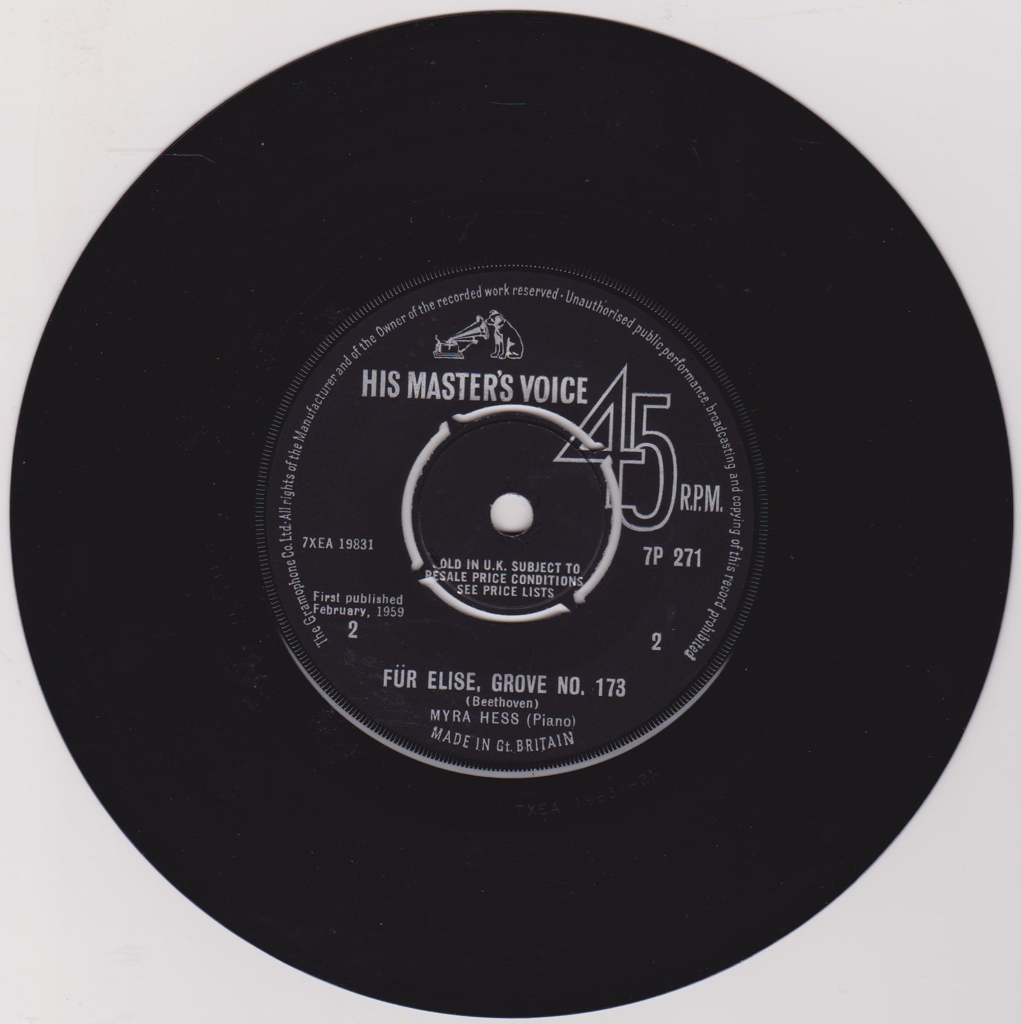 Myra Hess ‎– Jesu, Joy Of Man's Desiring (HMV) 7" vinyl single VG/VG