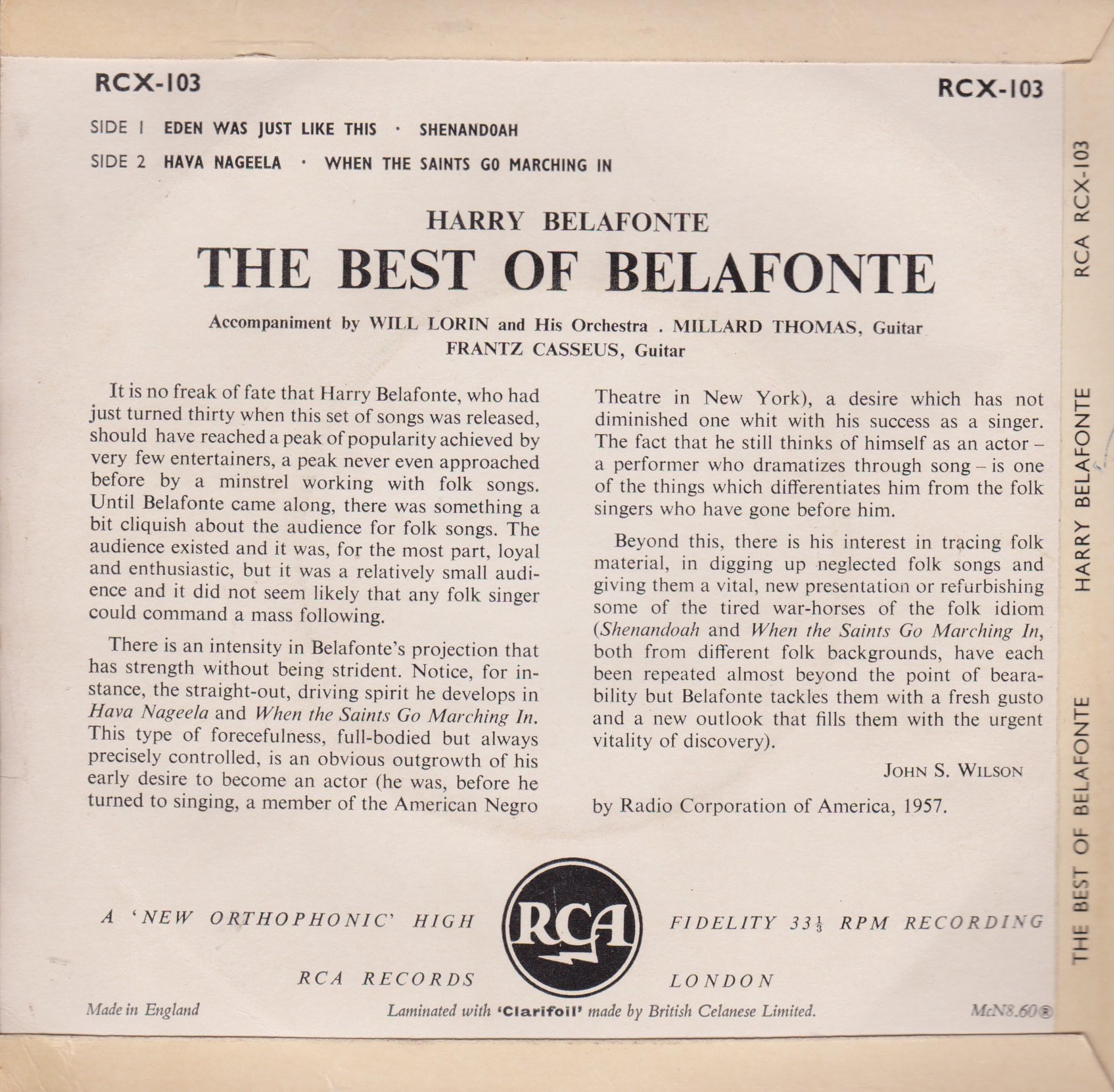 Harry Belafonte - The Best of Belafonte (RCA 1962) 7" vinyl EP VG/VG