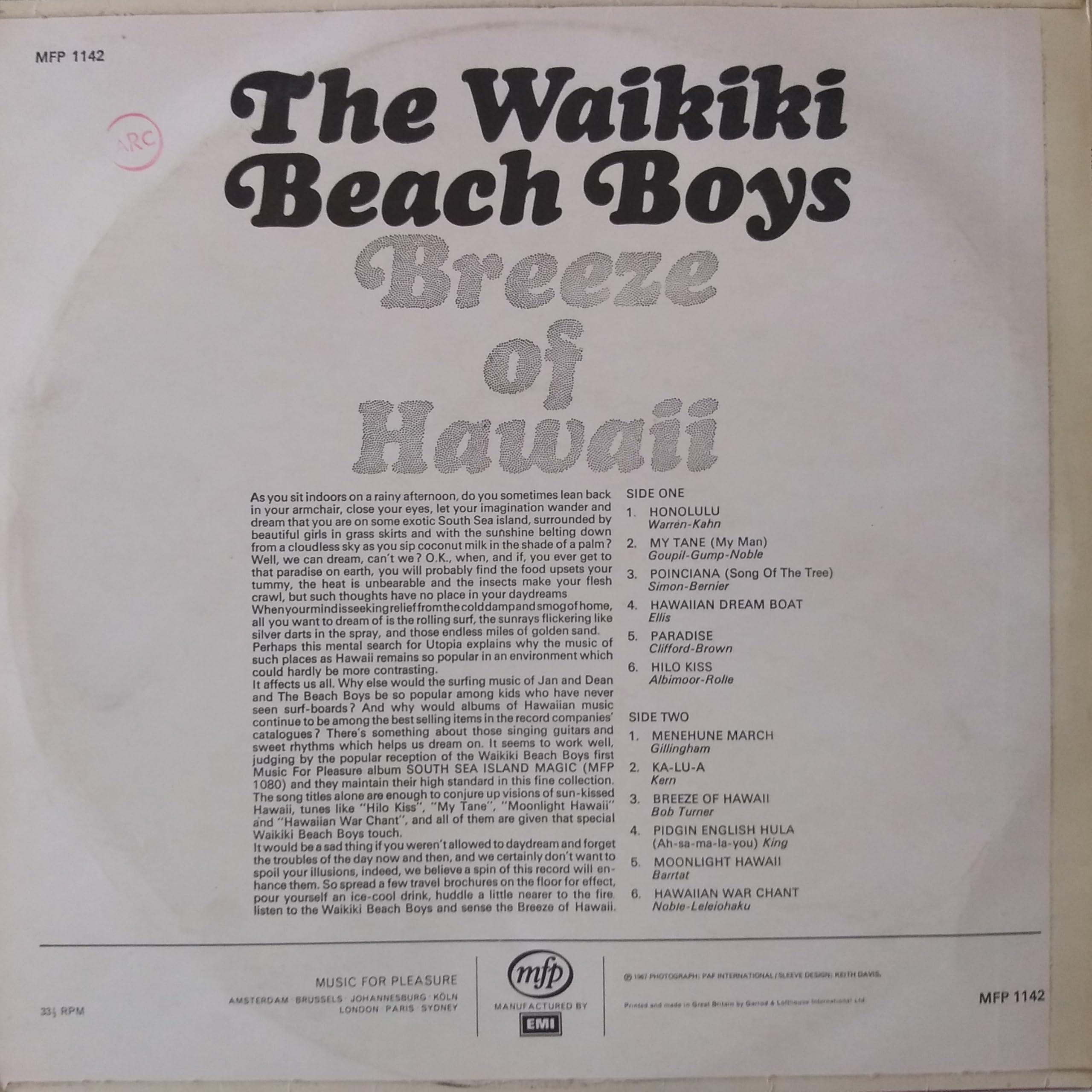 The Waikiki Beach Boys – Breeze Of Hawaii (EMI) 12" vinyl LP VG/VG