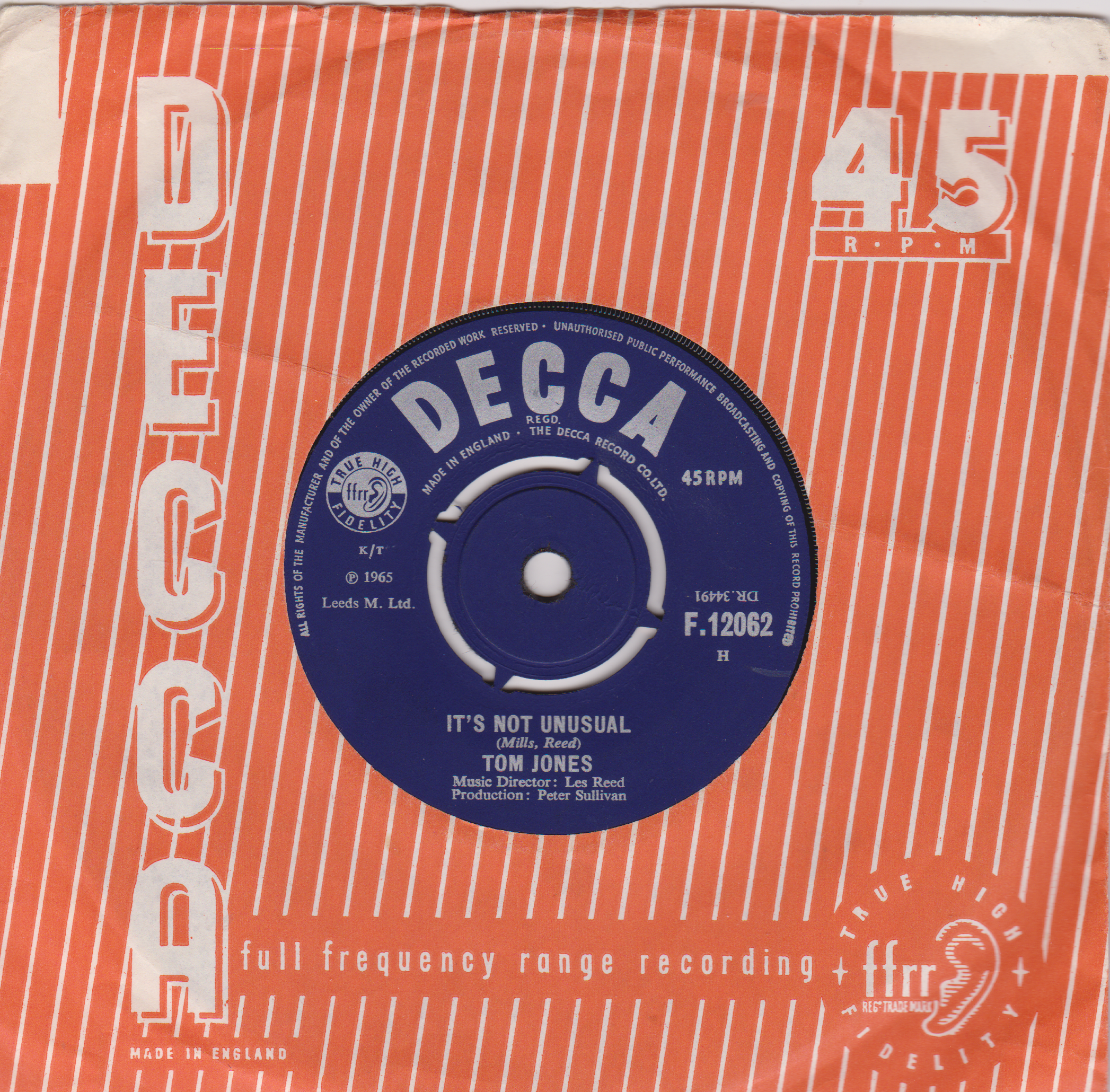 Tom Jones – It's Not Unusual (Decca, 1965) 7" vinyl single VG/-