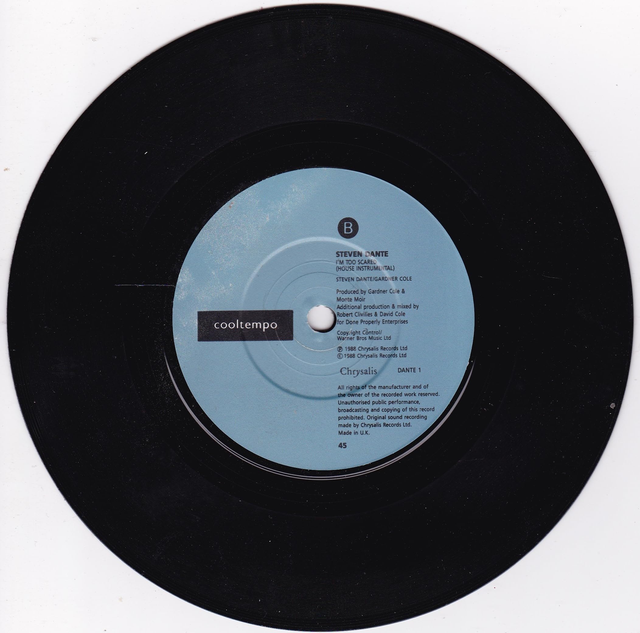 Steven Dante – I'm Too Scared (Cooltempo 1988) 7" vinyl single VG/-