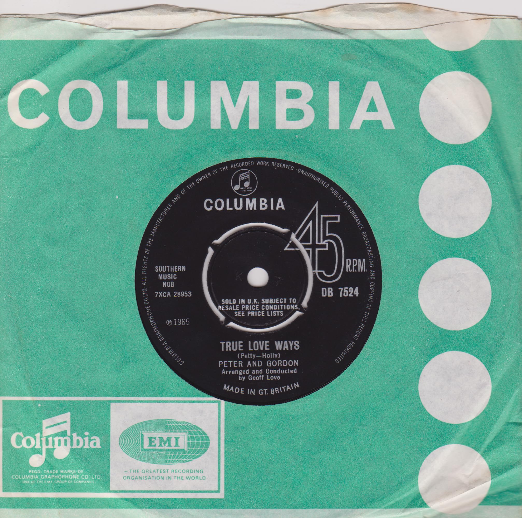 Peter And Gordon – True Love Ways (Columbia 1965) 7" vinyl single VG/VG