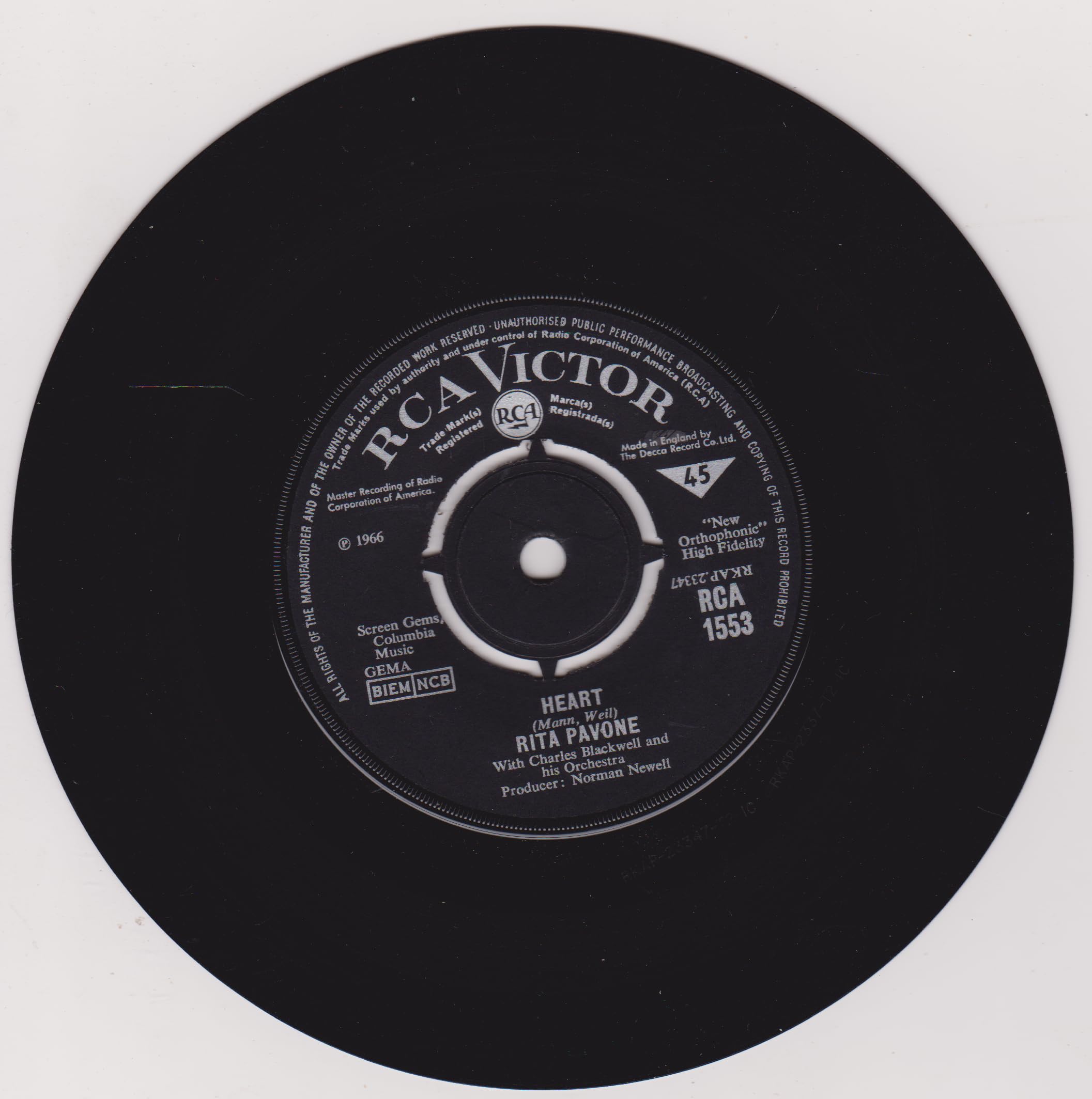 Rita Pavone – Heart (RCA Victor 1966) 7" vinyl single VG/-