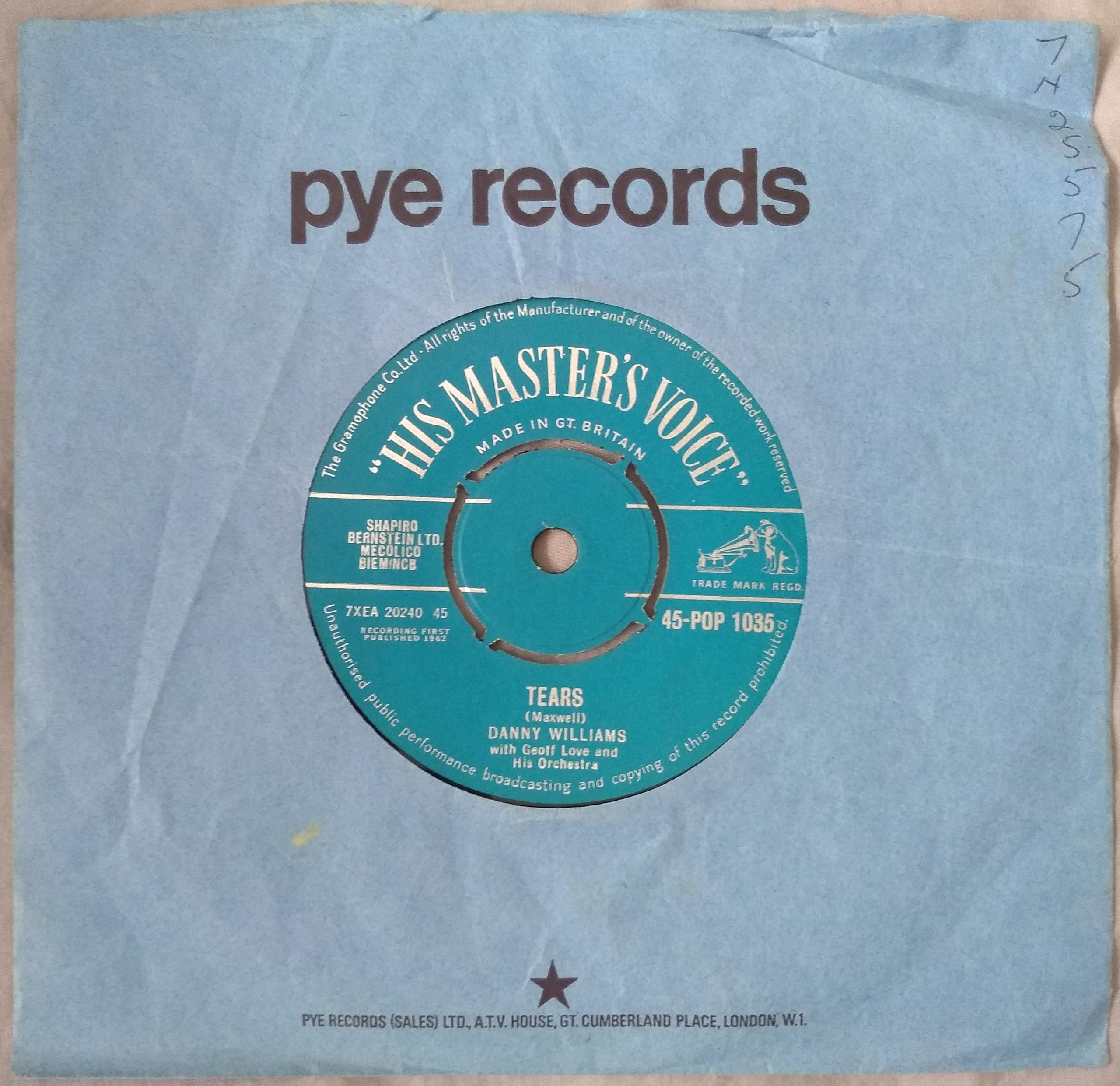 Danny Williams - Tears Vinyl (HMV 1962) 7" vinyl single VG/-