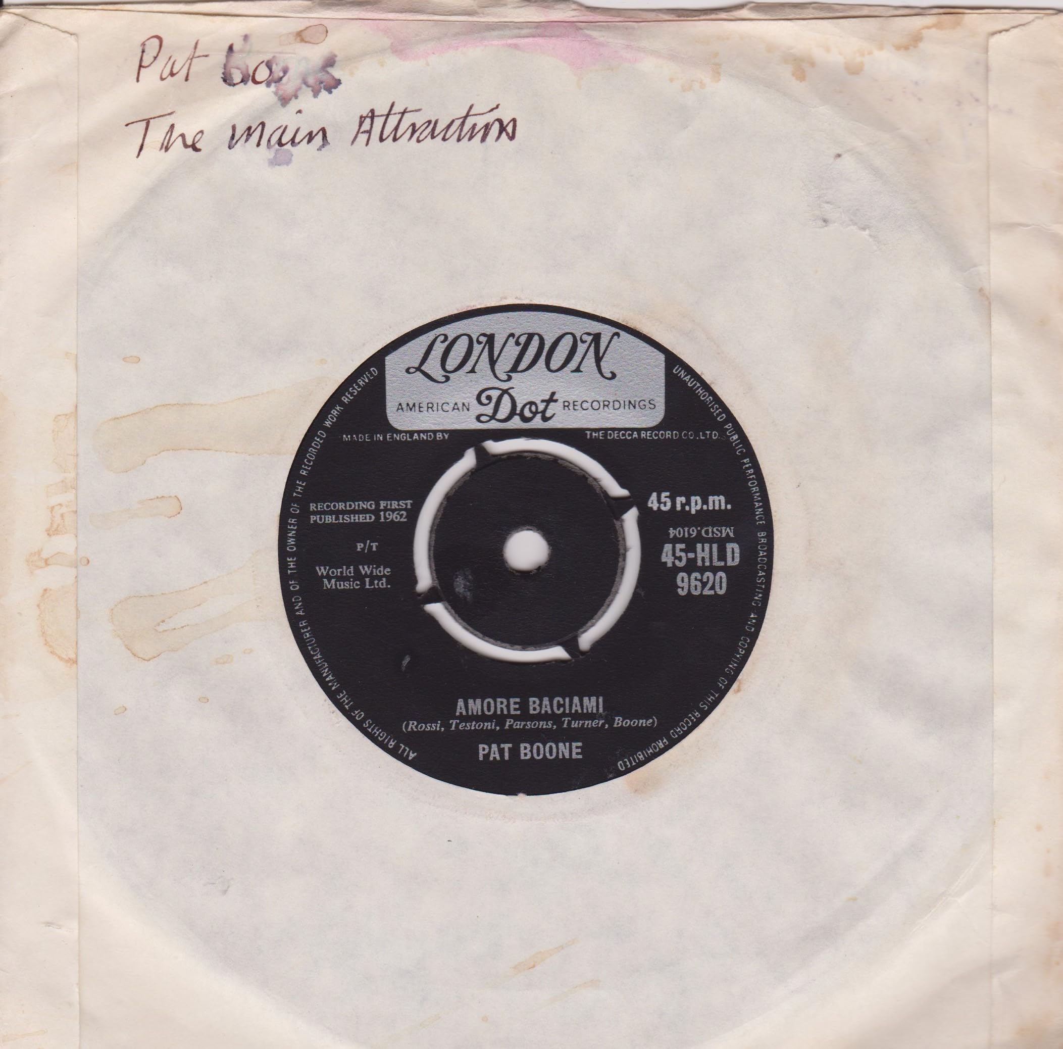 Pat Boone - The Main Attraction (London 1962) 7" vinyl single VG/-