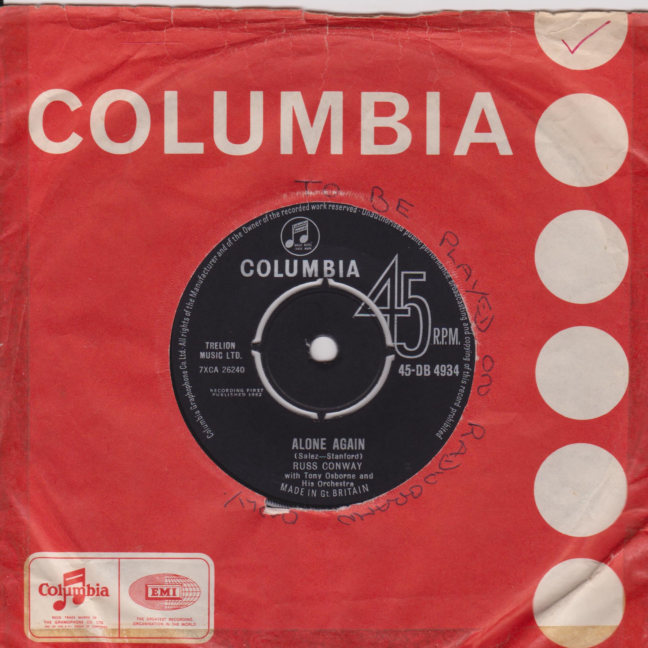 Russ Conway – Alone Again (Columbia 1965) 7" vinyl single VG/VG