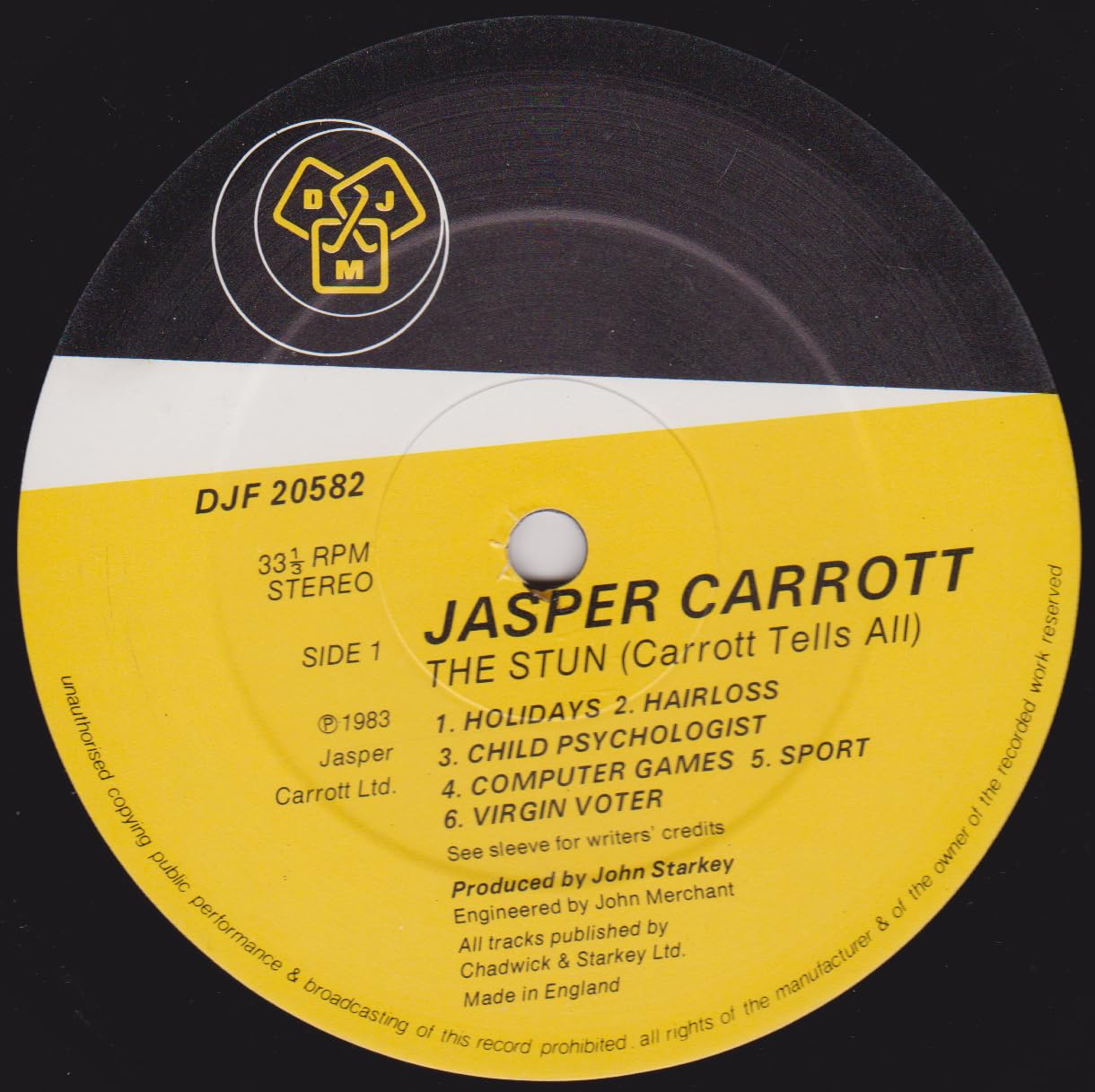 Jasper Carrott ‎– The Stun (Carrott Tells All) (DJMm 1983) 12" vinyl LP VG/VG