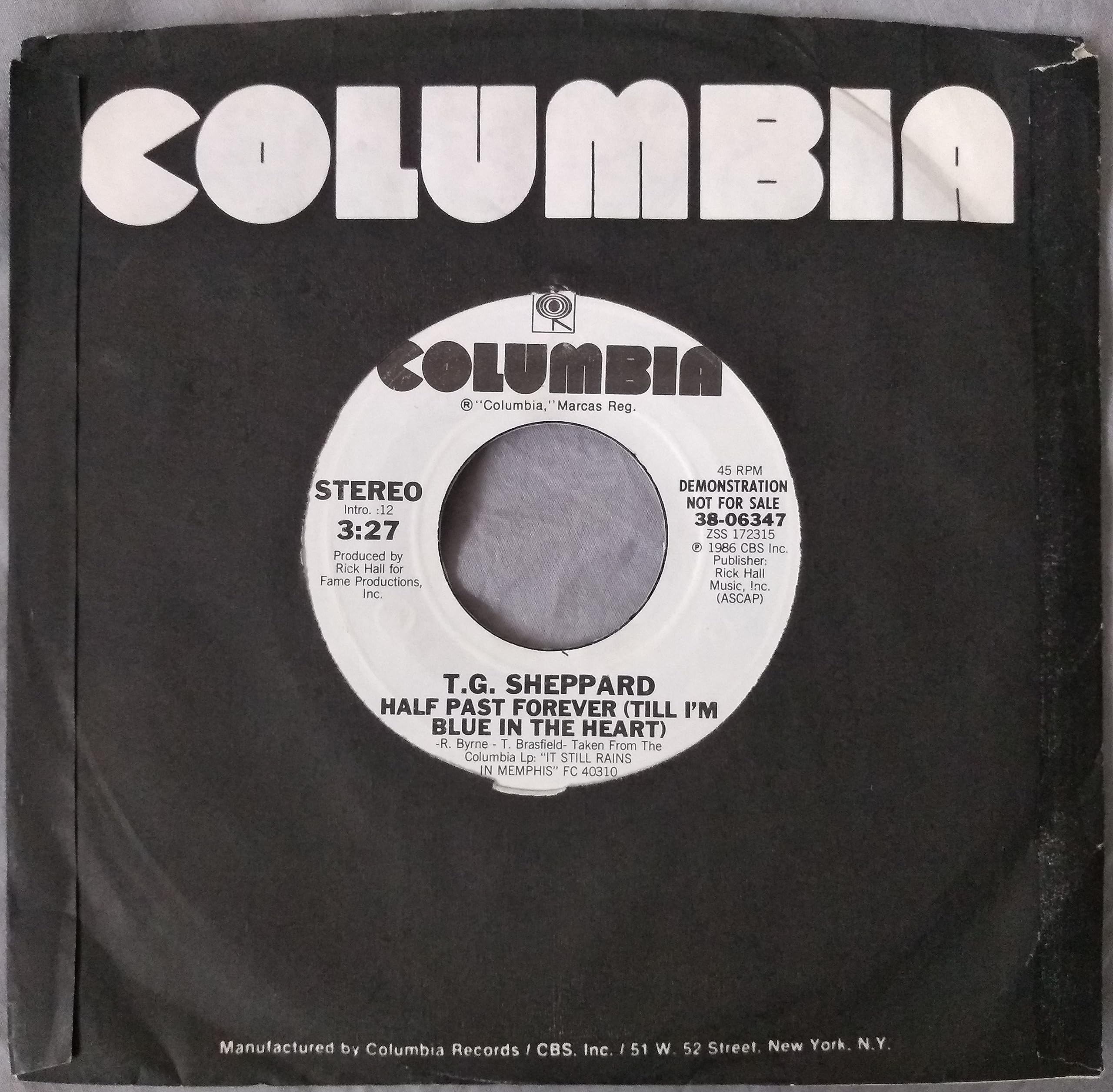 T.G. Sheppard - Half Past Forever (Till I’m Blue In The Heart) (Columbia) 7” vinyl US single VG/VG jukebox