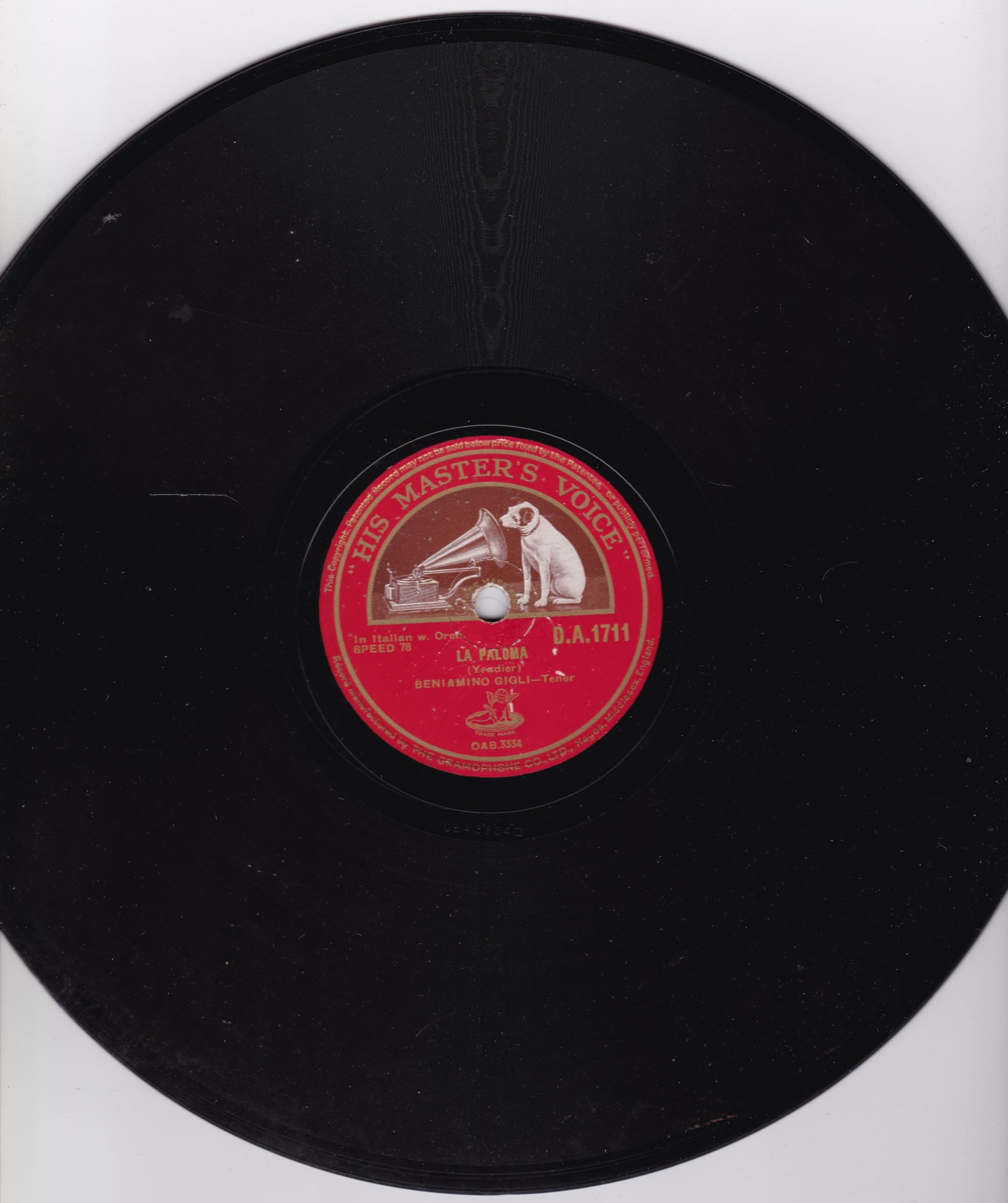 Beniamino Gigli ‎– La Paloma (HMV 1939) 10" 78RPM shellac single VG/P