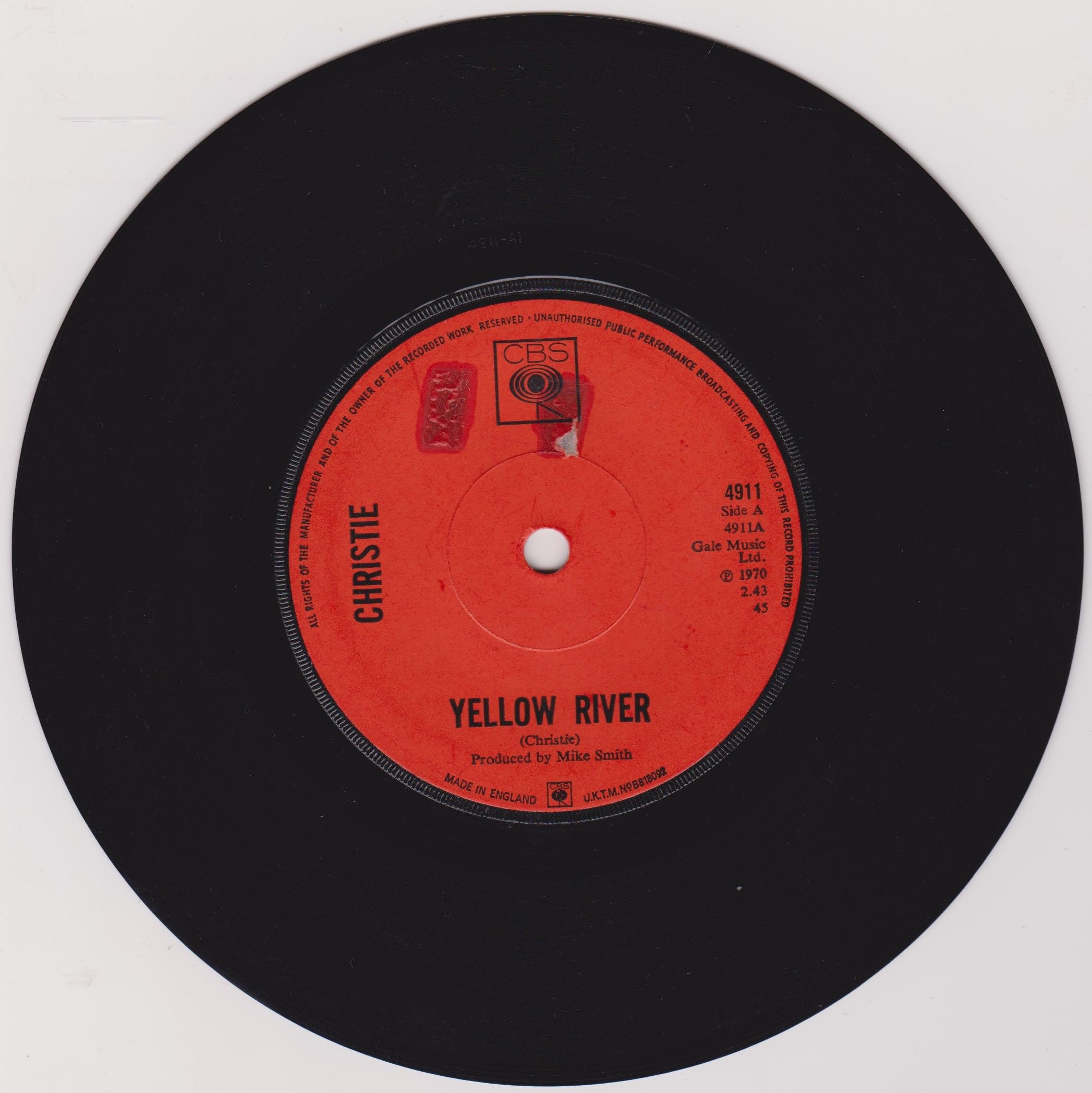 Christie - Yellow River (CBS 1970) 7" vinyl single VG/VG