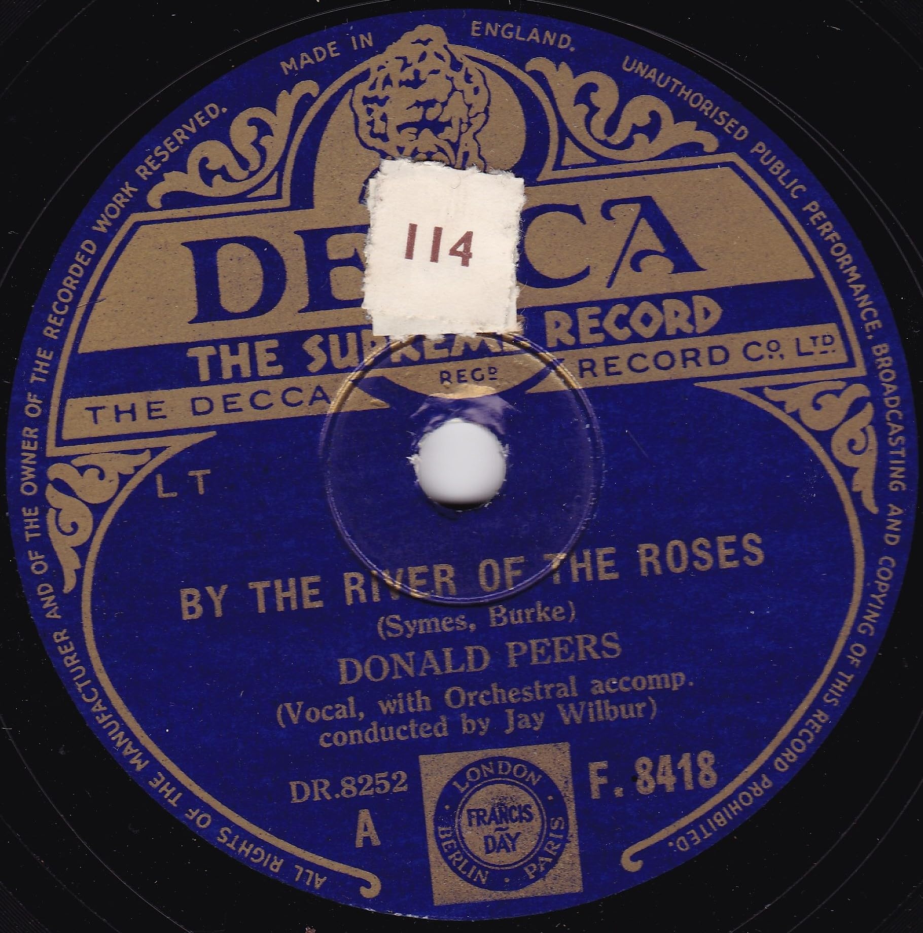 Donald Peers - By The River Of The Roses (Decca) 10" 78RPM shellac single VG/-