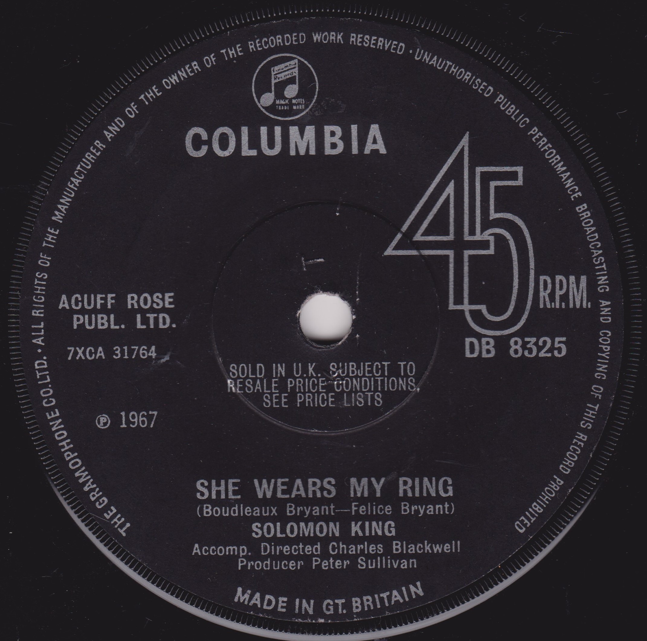 Solomon King – She Wears My Ring (Columbia 1967) 7" vinyl single VG/-