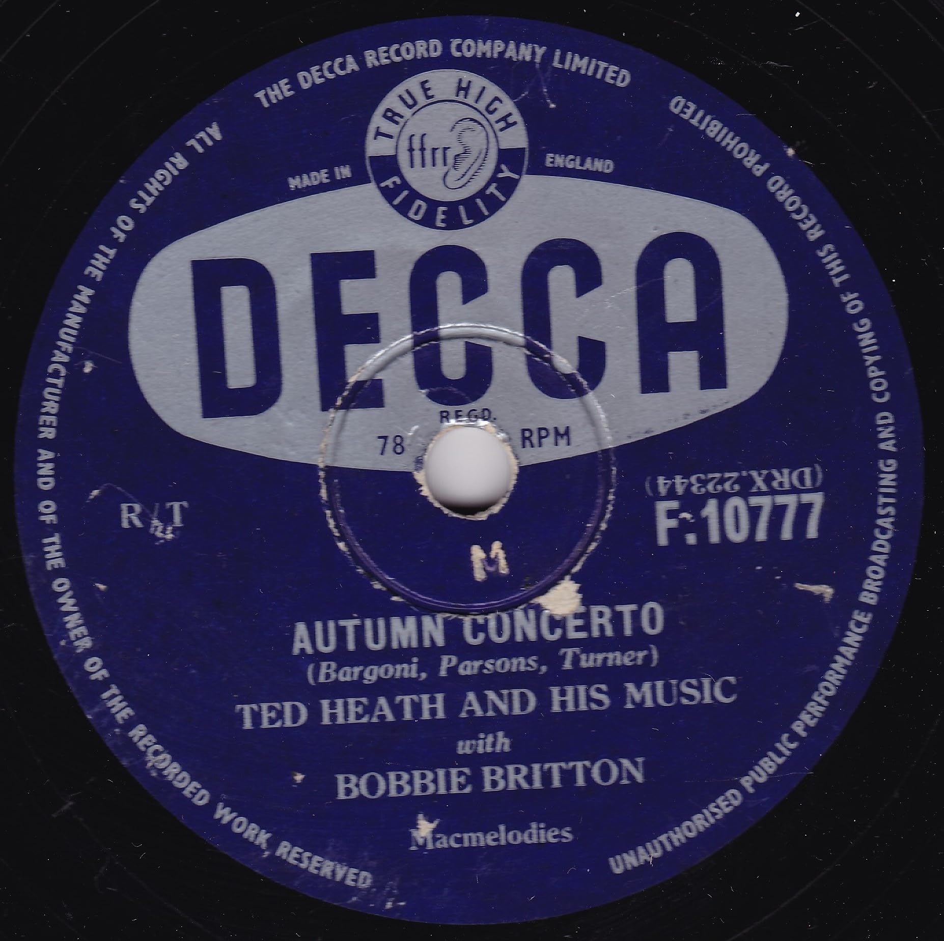 Ted Heath And His Music With Bobbie Britton – Autumn Concerto (Decca 1956) 10" 78RPM shellac single VG/-