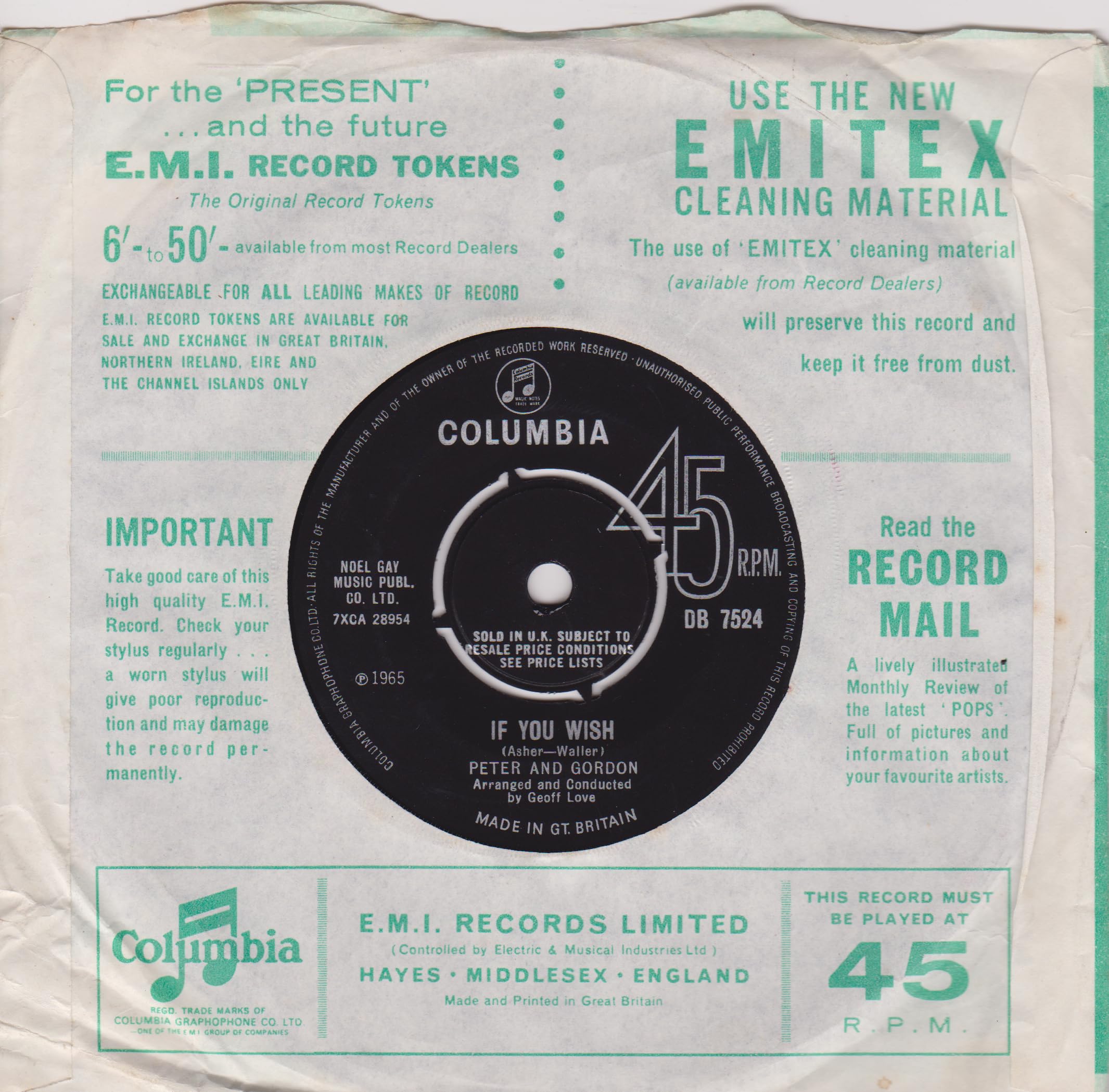 Peter And Gordon – True Love Ways (Columbia 1965) 7" vinyl single VG/VG