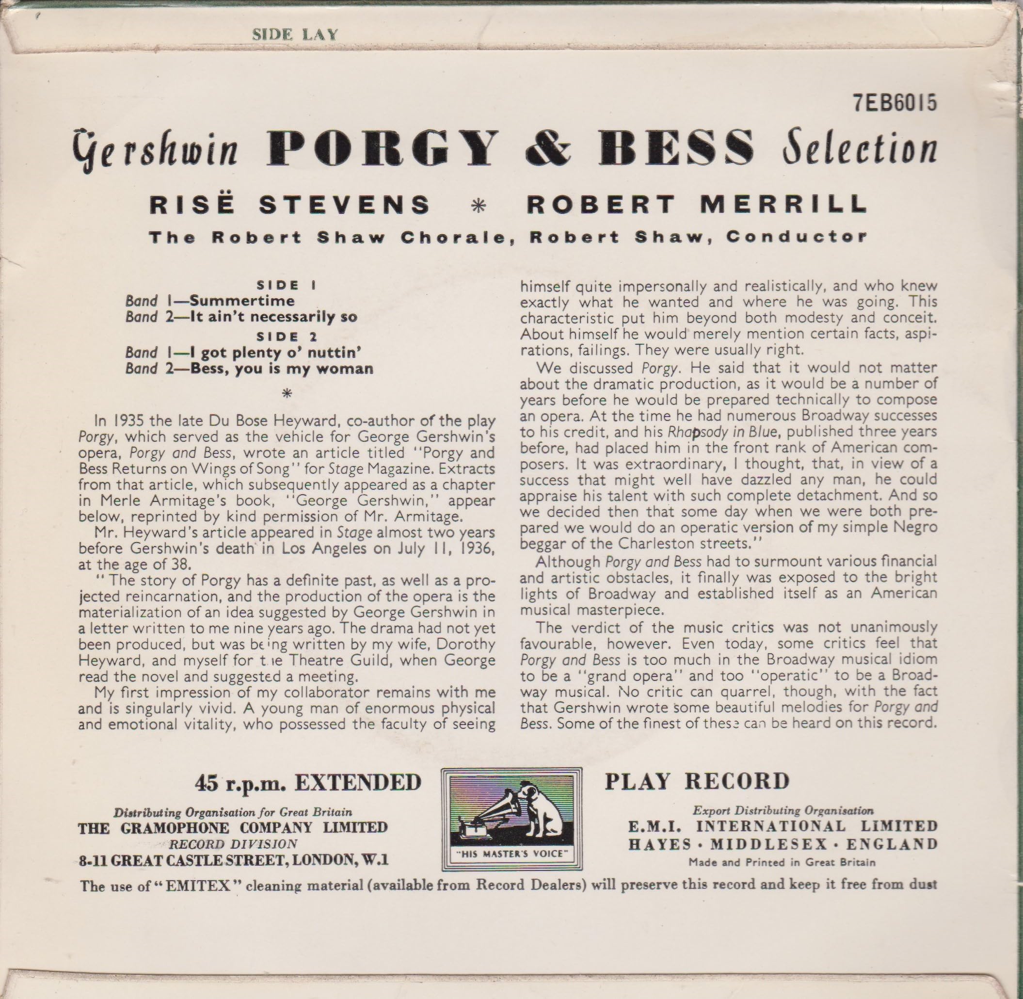 George Gershwin - Selections From Porgy And Bess (HMV 1956) 7" vinyl EP VG/VG