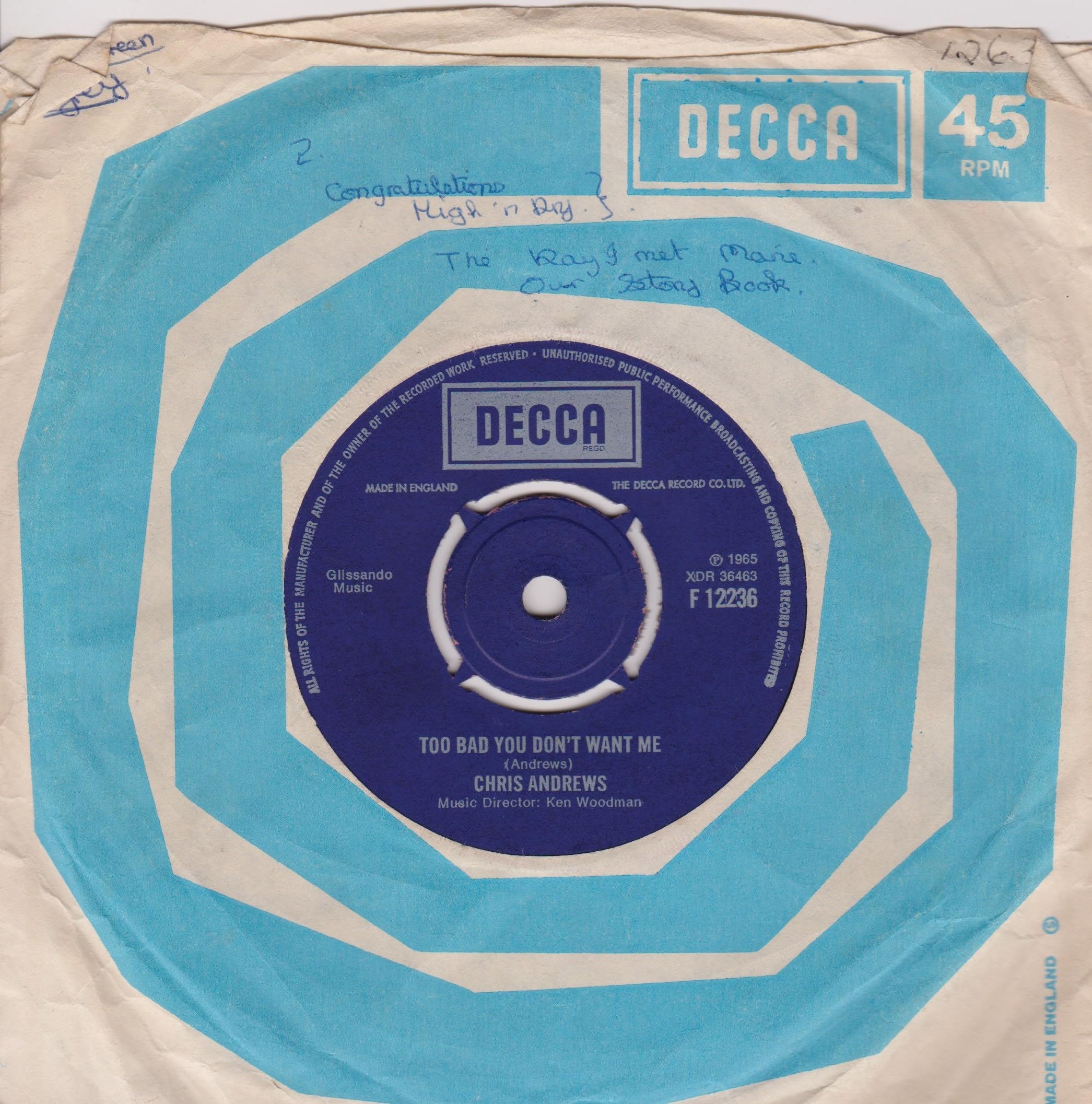 Chris Andrews ‎– Yesterday Man (Decca) 7" vinyl single VG/VG