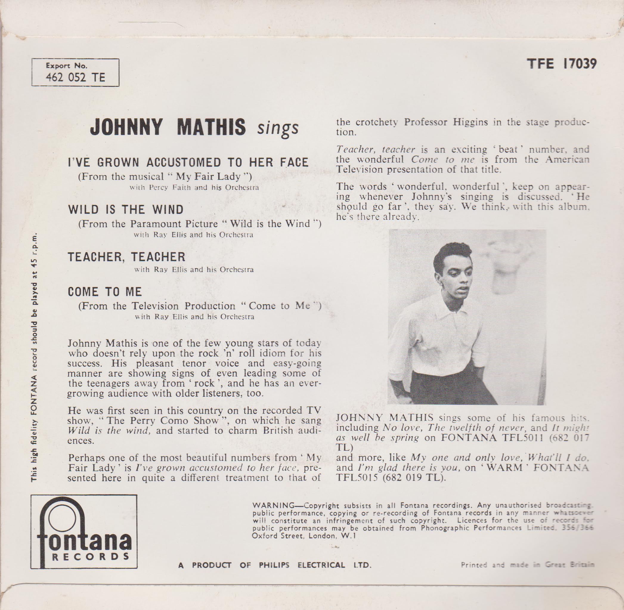 Johnny Mathis – Come To Me (Fontana 1958) 7" vinyl EP VG/VG
