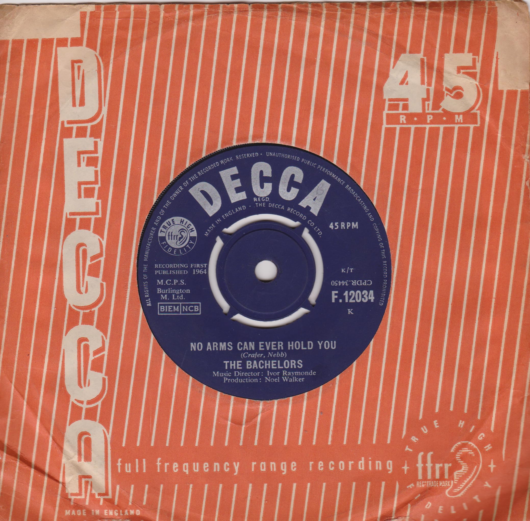The Bachelors – No Arms Can Ever Hold You (Decca 1964) 7" vinyl single VG/VG