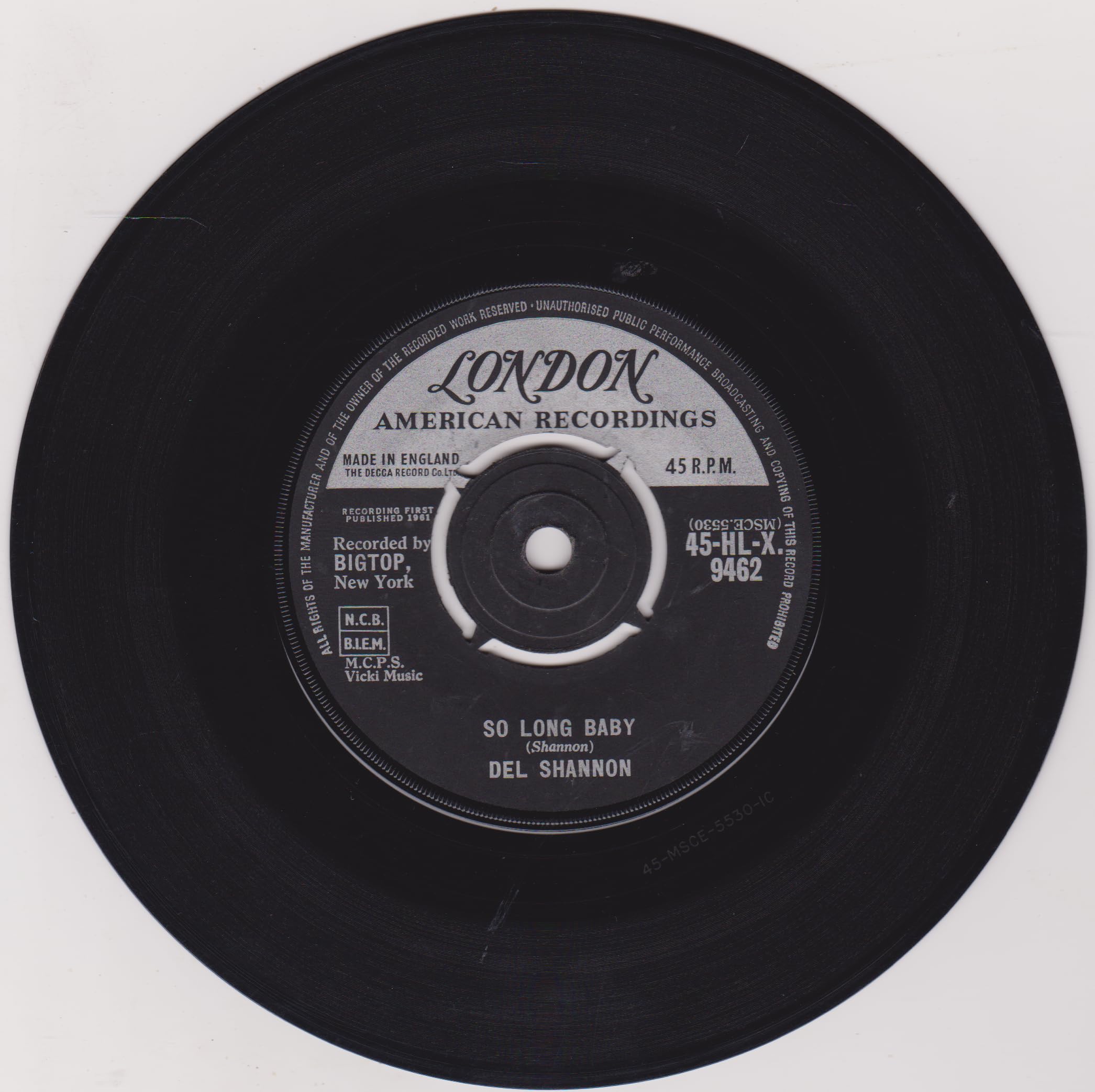 Del Shannon ‎– So Long Baby (London 1961) 7" vinyl single VG/VG